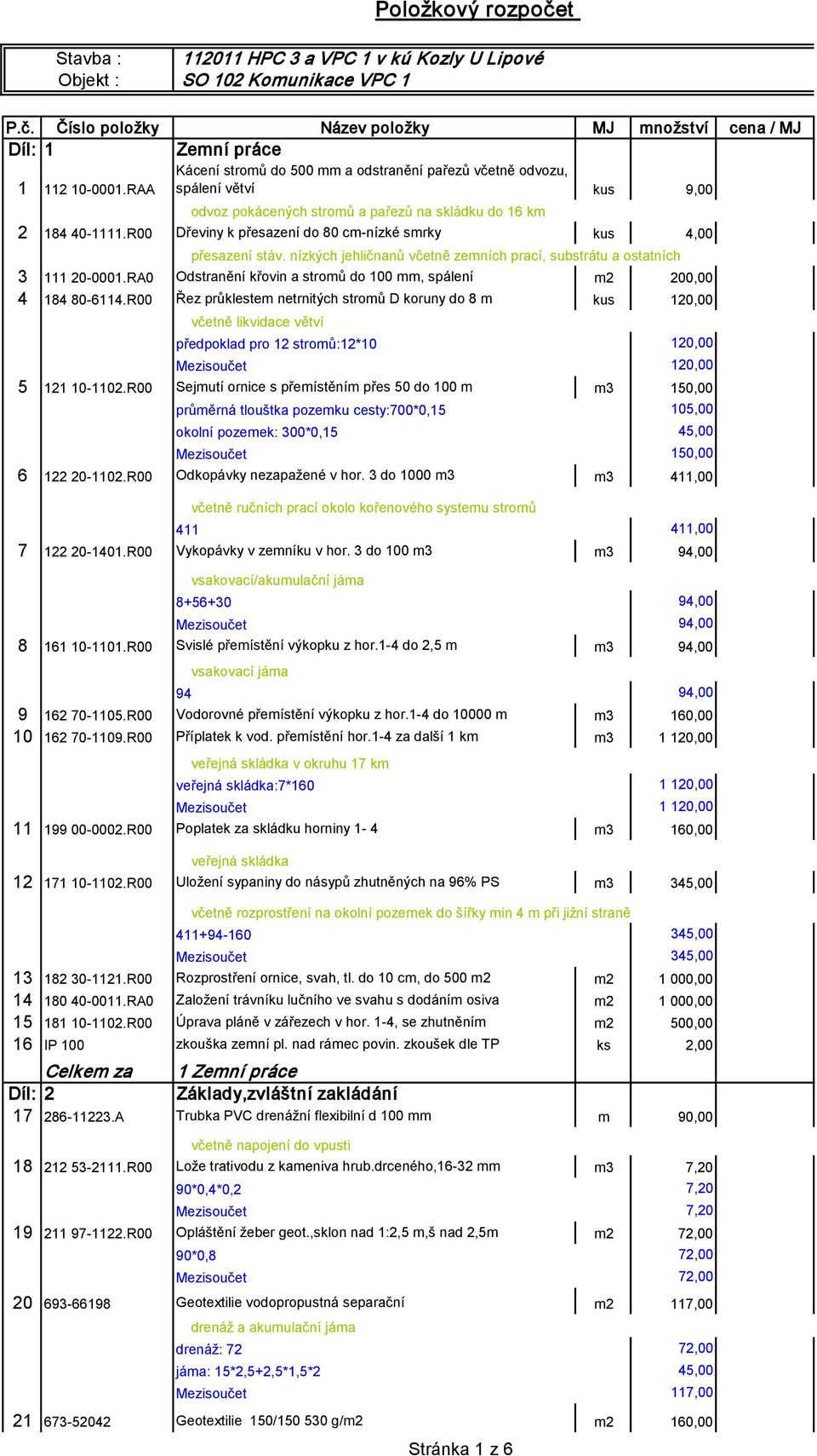 R00 Dřeviny k přesazení do 80 cm-nízké smrky kus 4,00 3 111 20-0001.RA0 Odstranění křovin a stromů do 100 mm, spálení m2 200,00 4 184 80-6114.