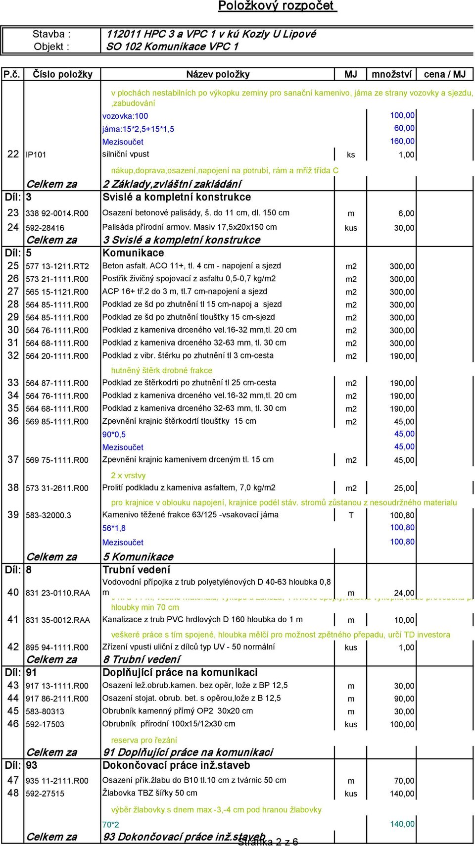 Číslo položky Název položky MJ množství cena / MJ 160,00 22 IP101 silniční vpust ks 1,00 nákup,doprava,osazení,napojení na potrubí, rám a mříž třída C Díl: 3 2 Základy,zvláštní zakládání Svislé a