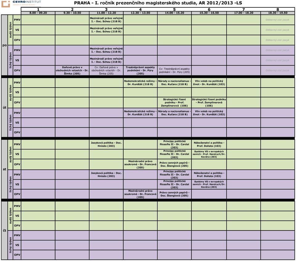Šimka (205) Trestněprávní aspekty podnikání - Dr. Púry (205) Cv: Trestněprávní aspekty podnikání - Dr. Púry (205) út Nedemokratické režimy - Dr. Kunštát (218 B) Nedemokratické režimy - Dr.