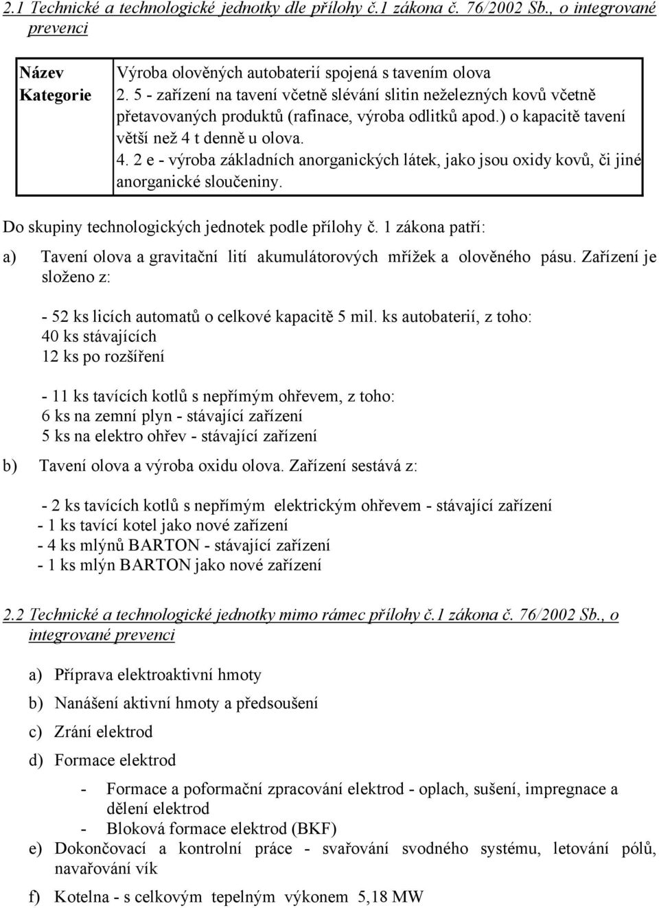 t denně u olova. 4. 2 e - výroba základních anorganických látek, jako jsou oxidy kovů, či jiné anorganické sloučeniny. Do skupiny technologických jednotek podle přílohy č.