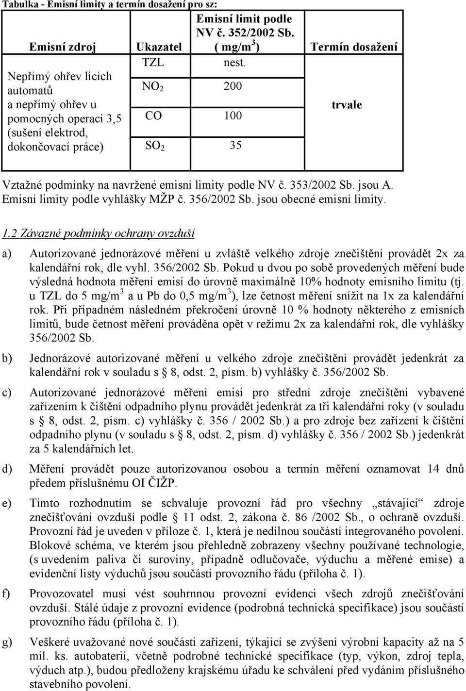 353/2002 Sb. jsou A. Emisní limity podle vyhlášky MŽP č. 356/2002 Sb. jsou obecné emisní limity. 1.