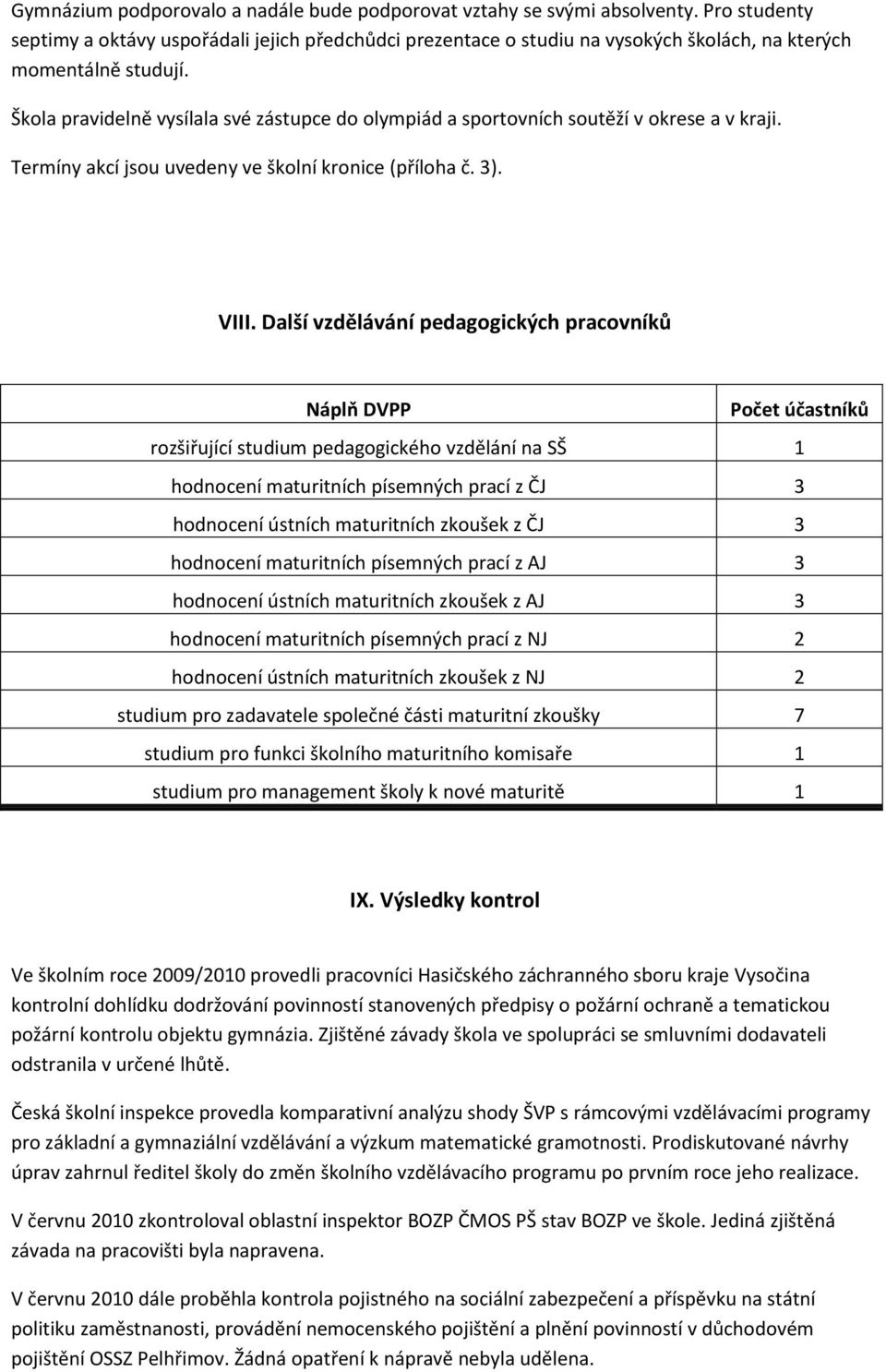 Škola pravidelně vysílala své zástupce do olympiád a sportovních soutěží v okrese a v kraji. Termíny akcí jsou uvedeny ve školní kronice (příloha č. 3). VIII.