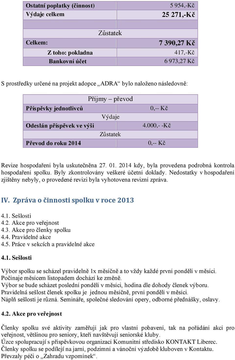 2014 kdy, byla provedena podrobná kontrola hospodaření spolku. Byly zkontrolovány veškeré účetní doklady. Nedostatky v hospodaření zjištěny nebyly, o provedené revizi byla vyhotovena revizní zpráva.