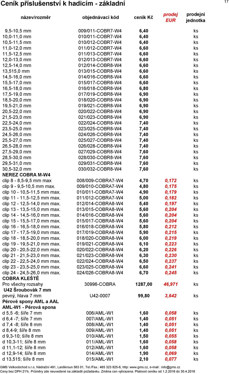 mm 016/018-COBR8-W4 6,80 ks 17,5-19,0 mm 017/019-COBR8-W4 6,90 ks 18,5-20,0 mm 018/020-COBR8-W4 6,90 ks 19,5-21,0 mm 019/021-COBR8-W4 6,90 ks 20,5-22,0 mm 020/022-COBR8-W4 6,90 ks 21,5-23,0 mm