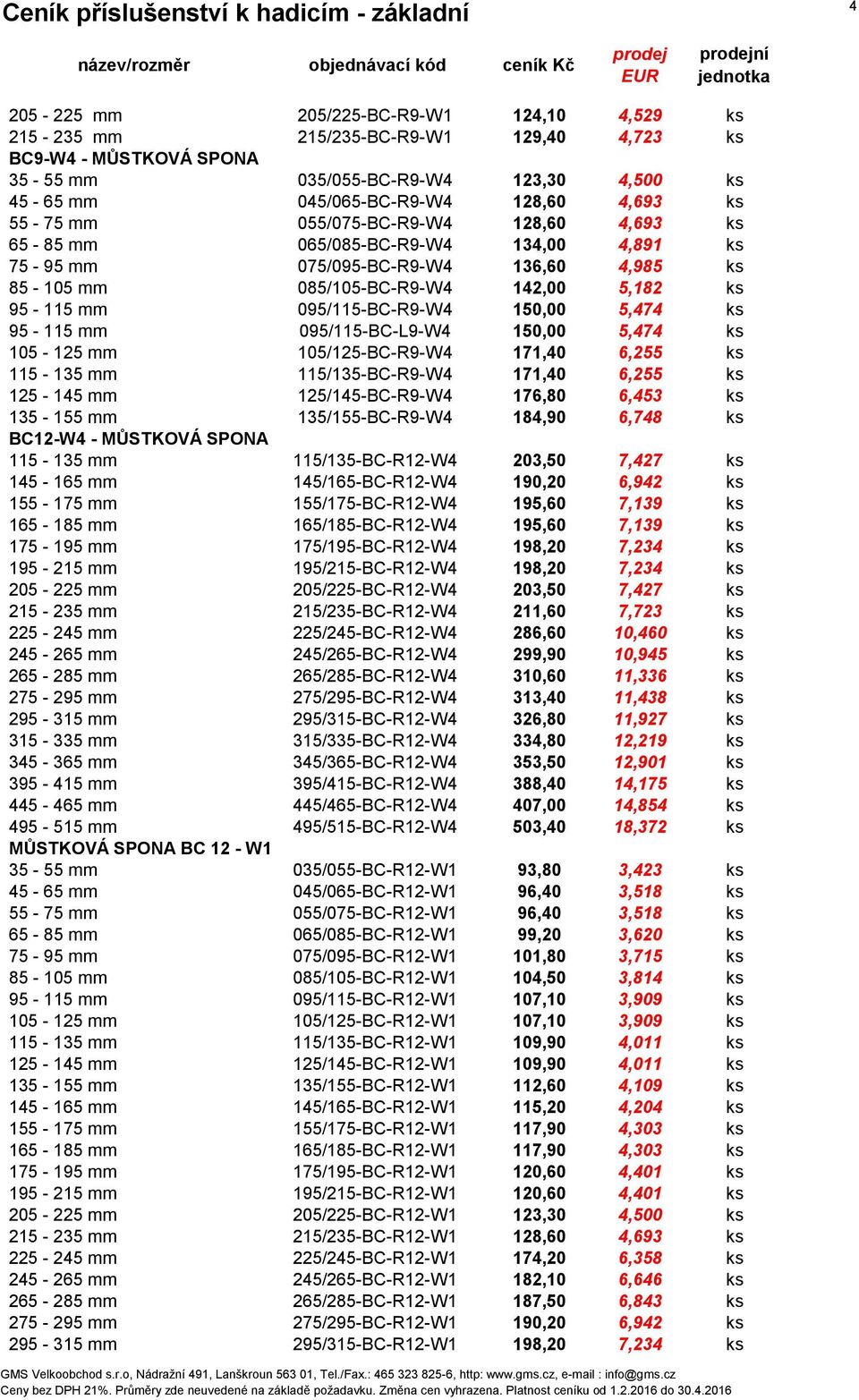 150,00 5,474 ks 95-115 mm 095/115-BC-L9-W4 150,00 5,474 ks 105-125 mm 105/125-BC-R9-W4 171,40 6,255 ks 115-135 mm 115/135-BC-R9-W4 171,40 6,255 ks 125-145 mm 125/145-BC-R9-W4 176,80 6,453 ks 135-155