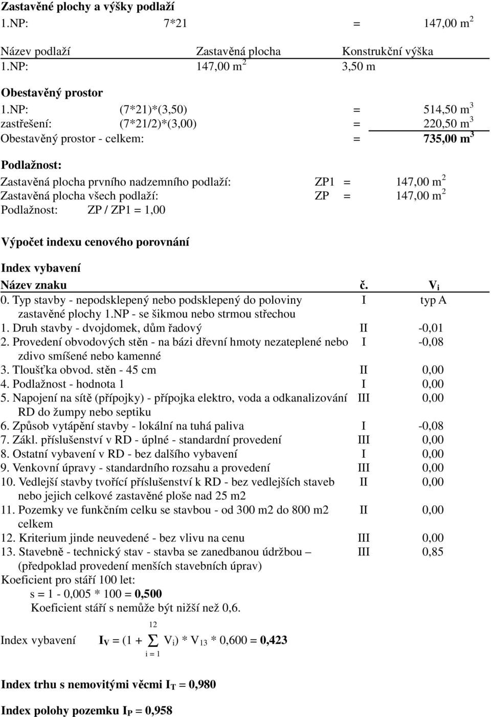 plocha všech podlaží: ZP = 147,00 m 2 Podlažnost: ZP / ZP1 = Výpočet indexu cenového porovnání Index vybavení Název znaku č. V i 0.