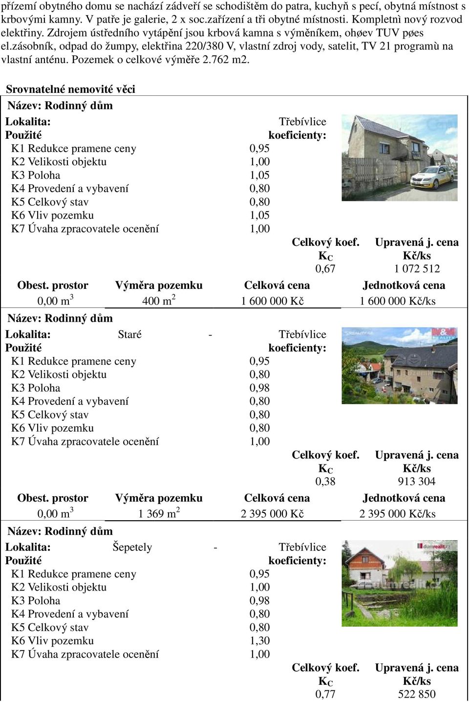 zásobník, odpad do žumpy, elektřina 220/380 V, vlastní zdroj vody, satelit, TV 21 programù na vlastní anténu. Pozemek o celkové výměře 2.762 m2.