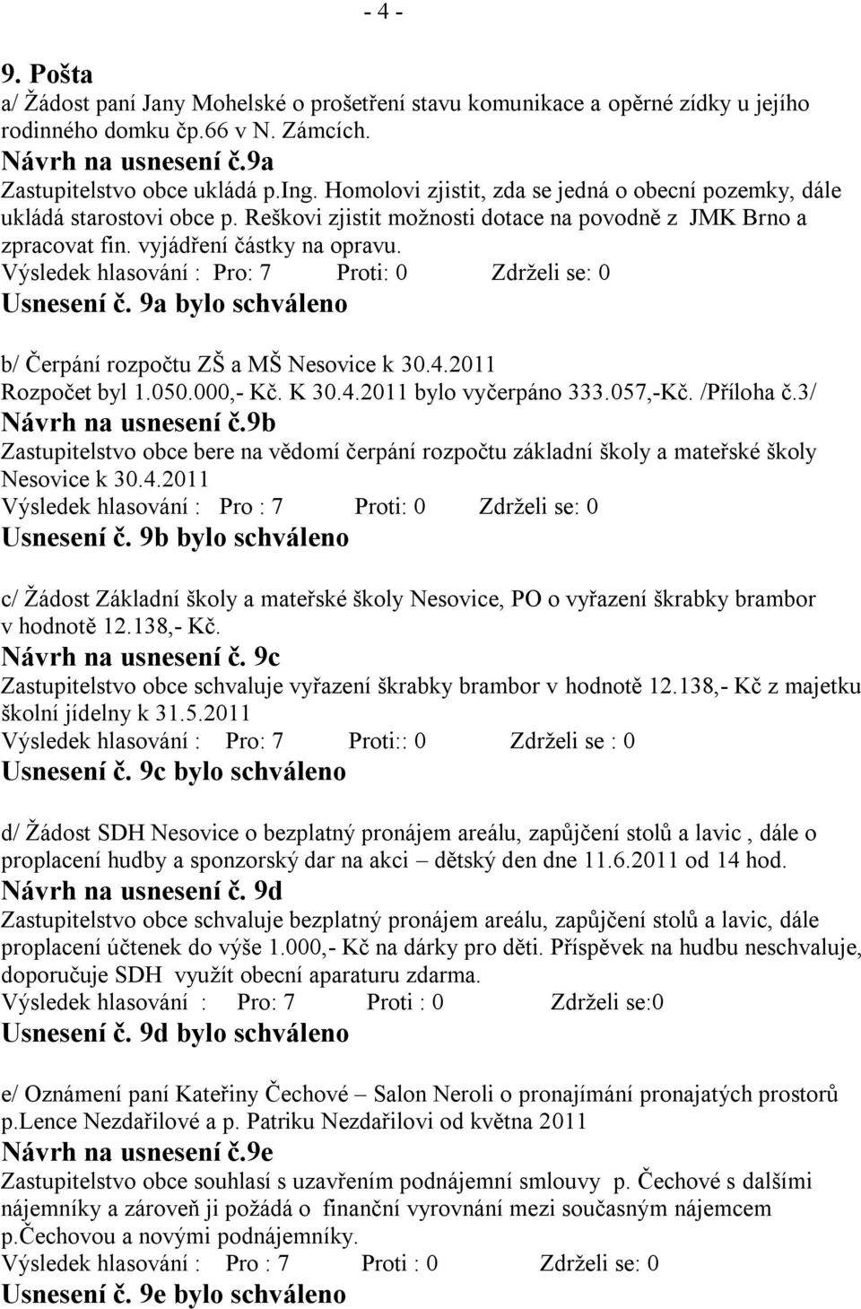 9a bylo schváleno b/ Čerpání rozpočtu ZŠ a MŠ Nesovice k 30.4.2011 Rozpočet byl 1.050.000,- Kč. K 30.4.2011 bylo vyčerpáno 333.057,-Kč. /Příloha č.3/ Návrh na usnesení č.