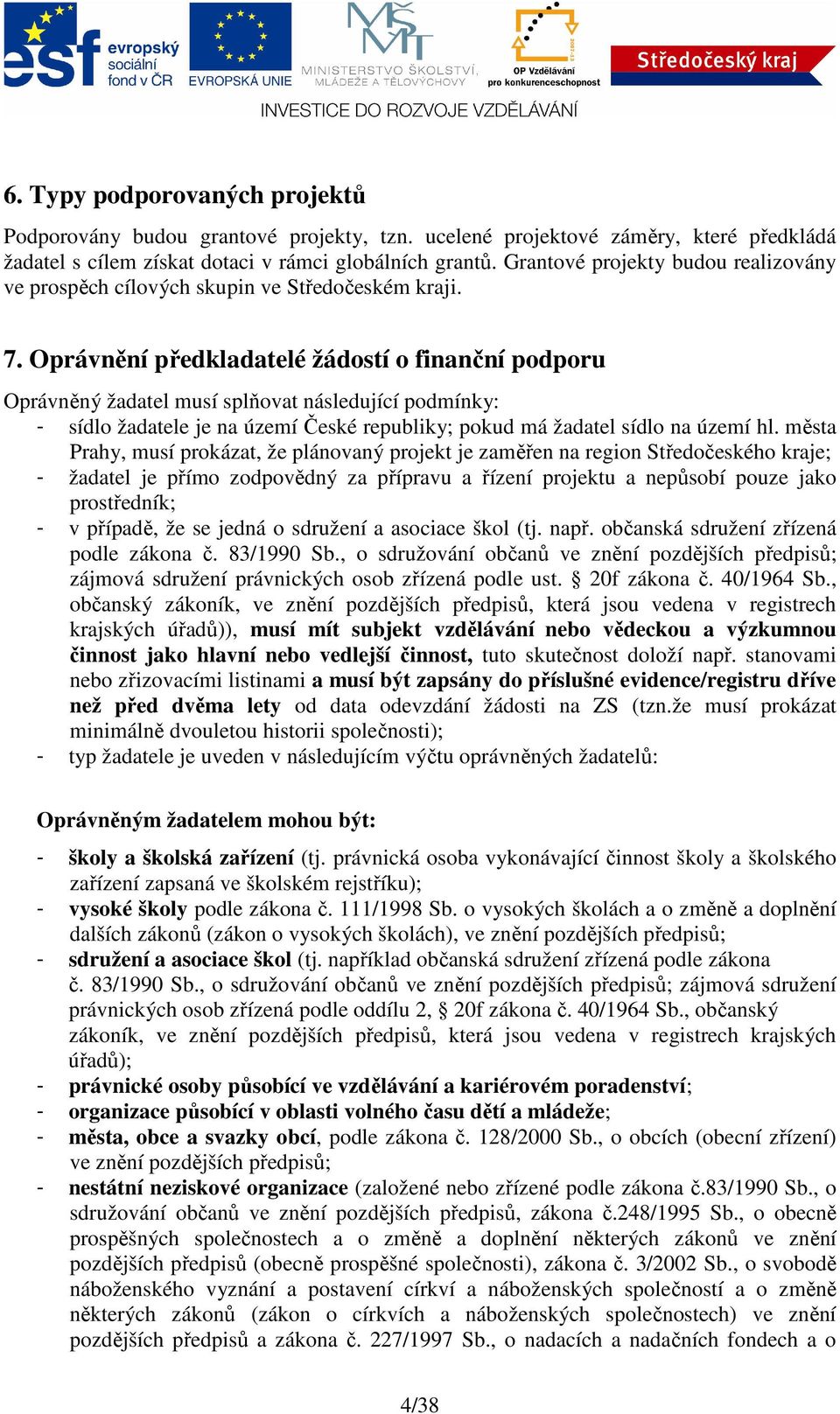 Oprávnění předkladatelé žádostí o finanční podporu Oprávněný žadatel musí splňovat následující podmínky: - sídlo žadatele je na území České republiky; pokud má žadatel sídlo na území hl.