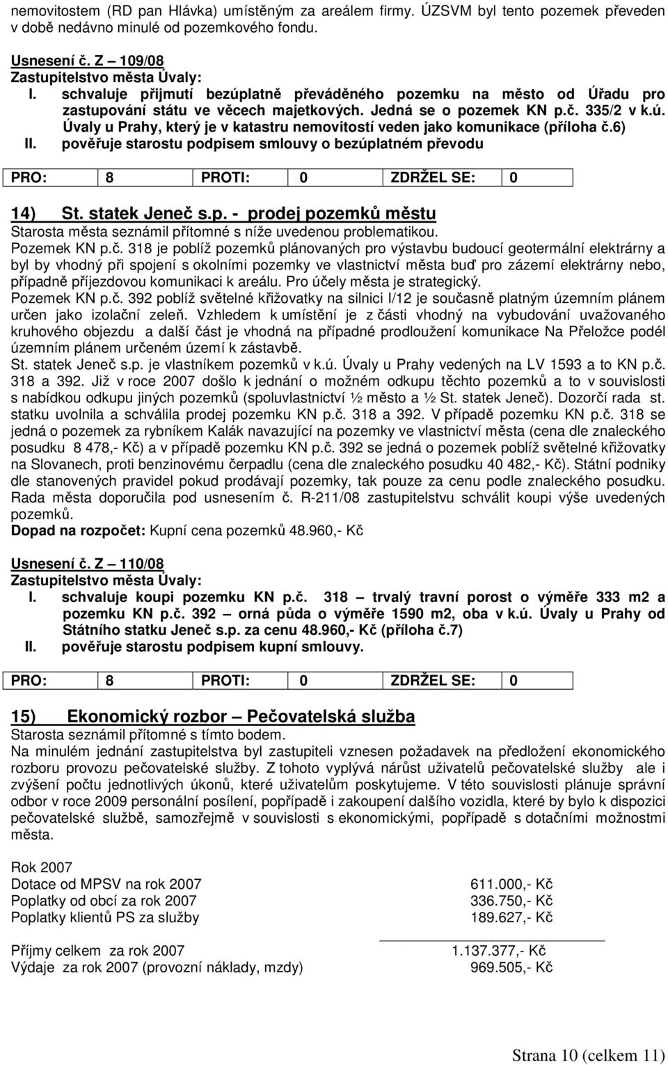 6) II. pověřuje starostu podpisem smlouvy o bezúplatném převodu PRO: 8 PROTI: 0 ZDRŽEL SE: 0 14) St. statek Jeneč s.p. - prodej pozemků městu Starosta města seznámil přítomné s níže uvedenou problematikou.