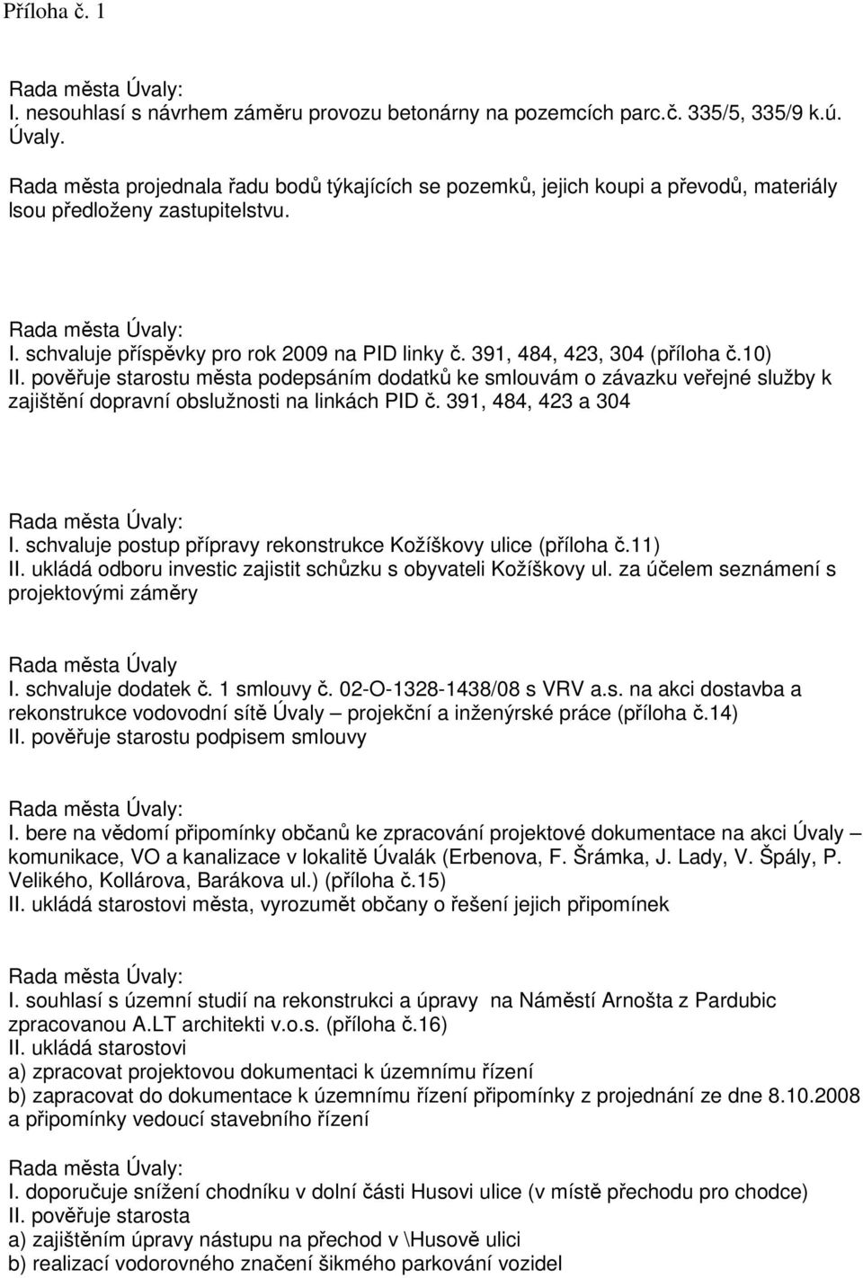 391, 484, 423, 304 (příloha č.10) II. pověřuje starostu města podepsáním dodatků ke smlouvám o závazku veřejné služby k zajištění dopravní obslužnosti na linkách PID č. 391, 484, 423 a 304 I.