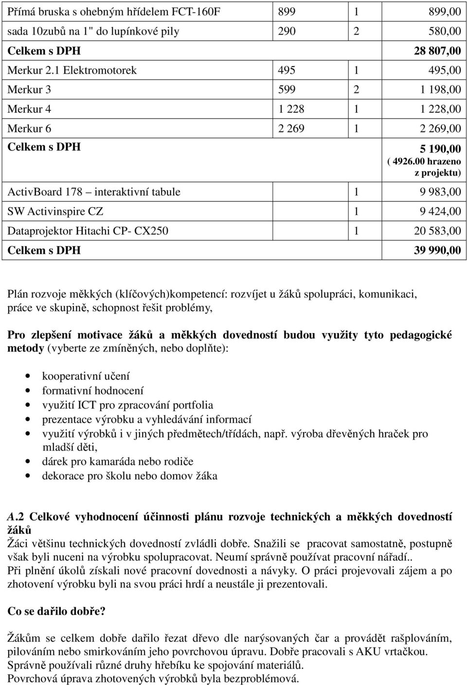 00 hrazeno z projektu) ActivBoard 178 interaktivní tabule 1 9 983,00 SW Activinspire CZ 1 9 424,00 Dataprojektor Hitachi CP- CX250 1 20 583,00 Celkem s DPH 39 990,00 Plán rozvoje měkkých