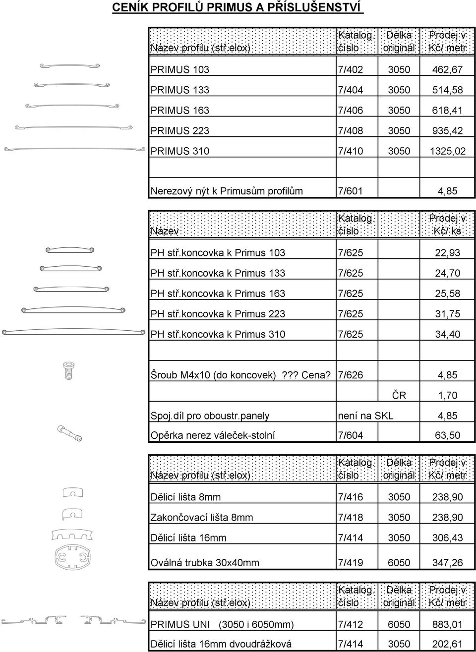 profilům 7/601 4,85 Název Kč/ ks PH stř.koncovka k Primus 103 7/625 22,93 PH stř.koncovka k Primus 133 7/625 24,70 PH stř.koncovka k Primus 163 7/625 25,58 PH stř.