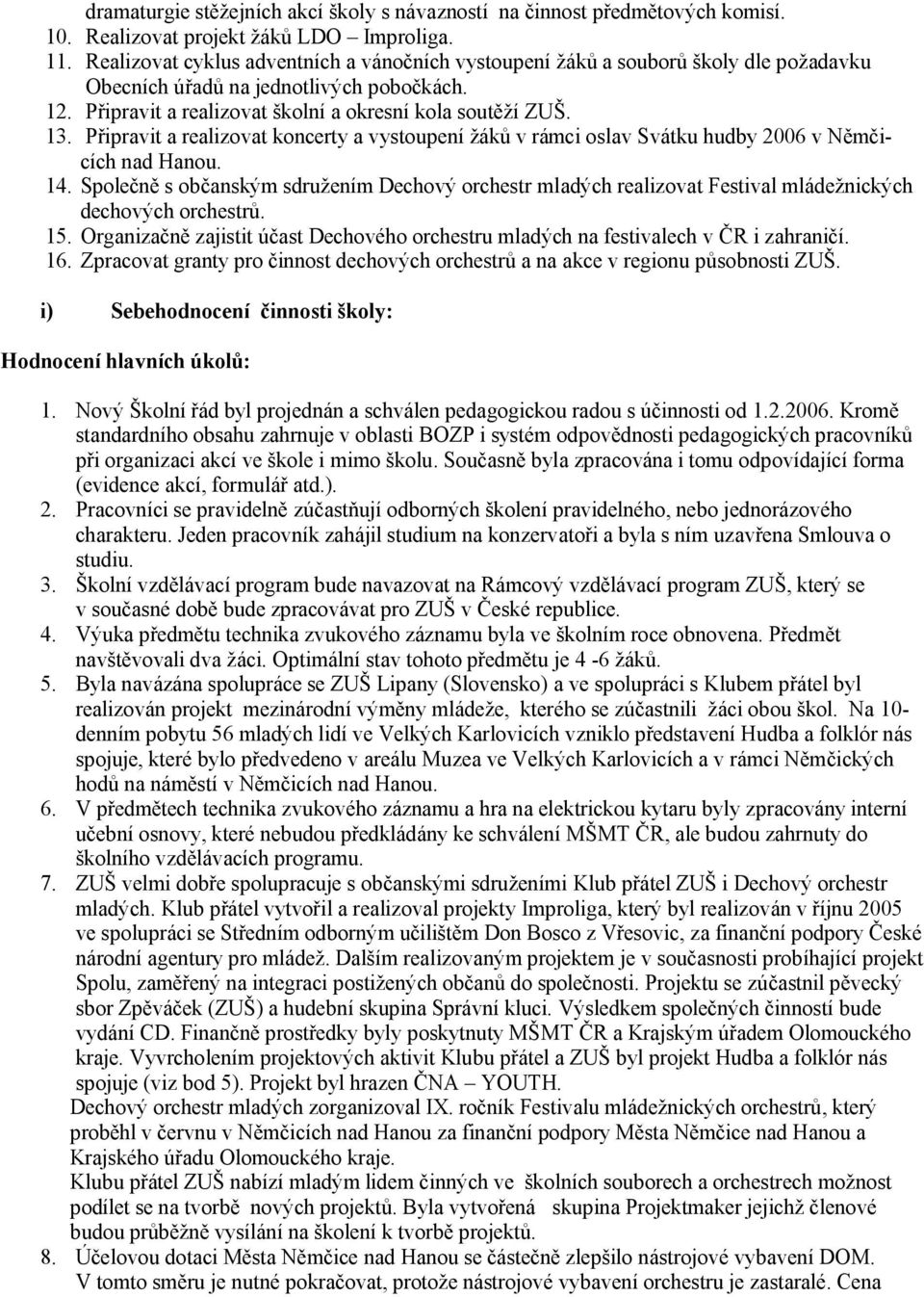 Připravit a realizovat koncerty a vystoupení žáků v rámci oslav Svátku hudby 2006 v Němčicích nad Hanou. 14.