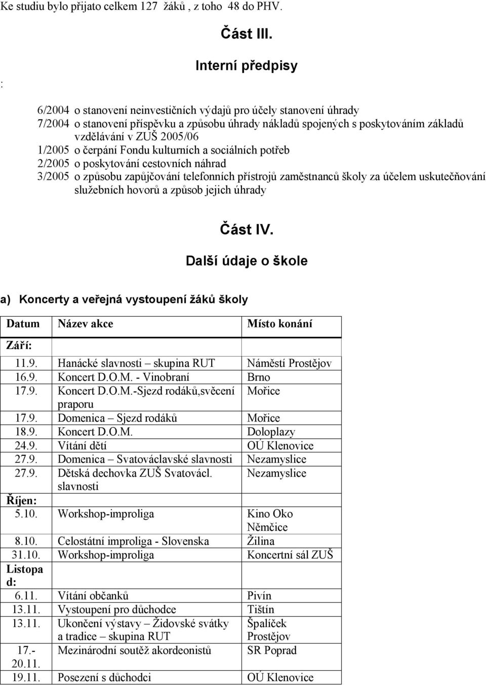 1/2005 o čerpání Fondu kulturních a sociálních potřeb 2/2005 o poskytování cestovních náhrad 3/2005 o způsobu zapůjčování telefonních přístrojů zaměstnanců školy za účelem uskutečňování služebních