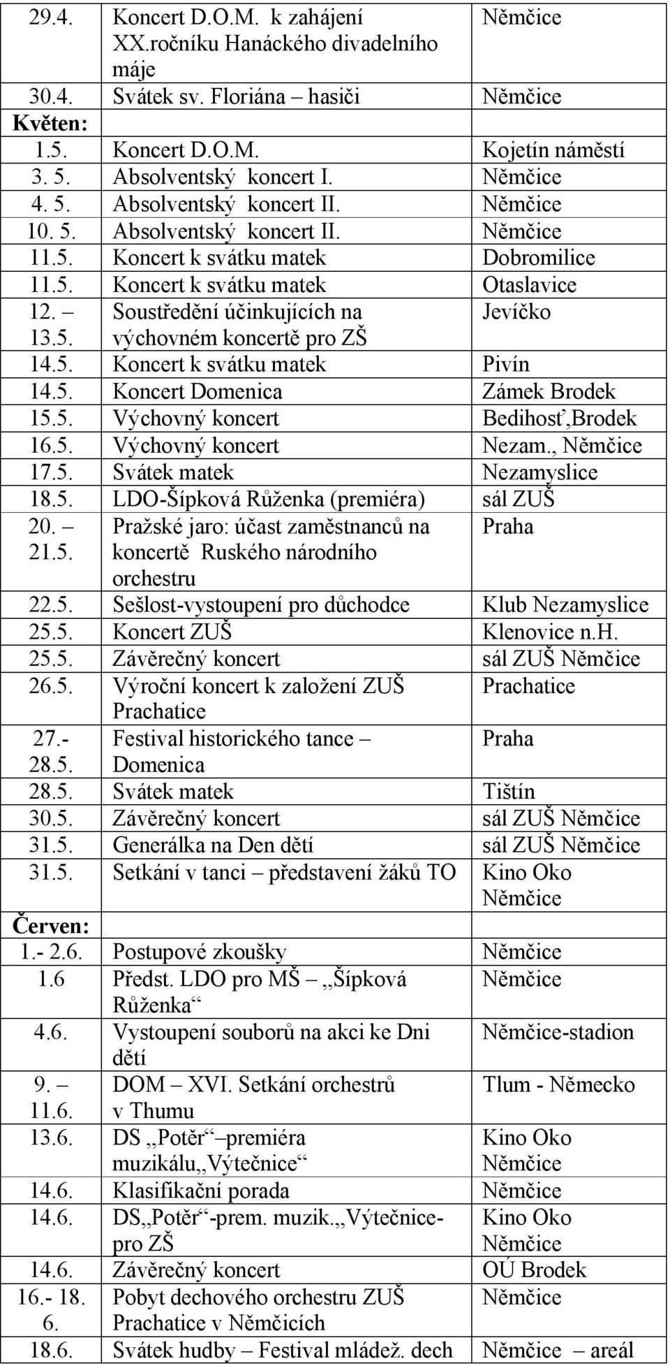 Soustředění účinkujících na Jevíčko 13.5. výchovném koncertě pro ZŠ 14.5. Koncert k svátku matek Pivín 14.5. Koncert Domenica Zámek Brodek 15.5. Výchovný koncert Bedihosť,Brodek 16.5. Výchovný koncert Nezam.