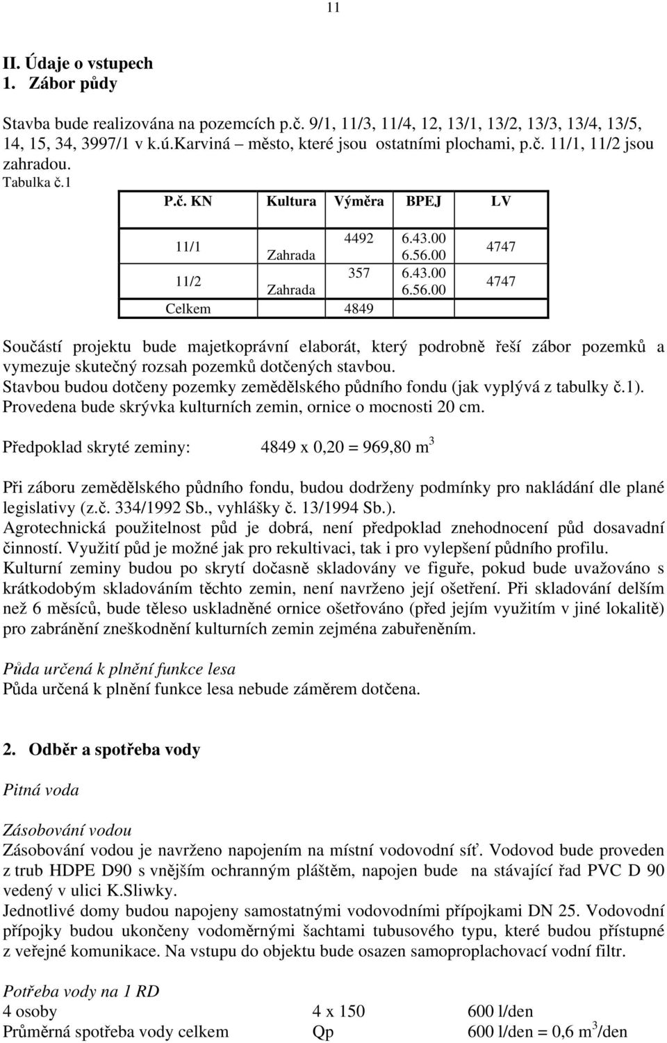 00 11/2 357 6.43.00 Zahrada 6.56.00 Celkem 4849 4747 4747 Součástí projektu bude majetkoprávní elaborát, který podrobně řeší zábor pozemků a vymezuje skutečný rozsah pozemků dotčených stavbou.