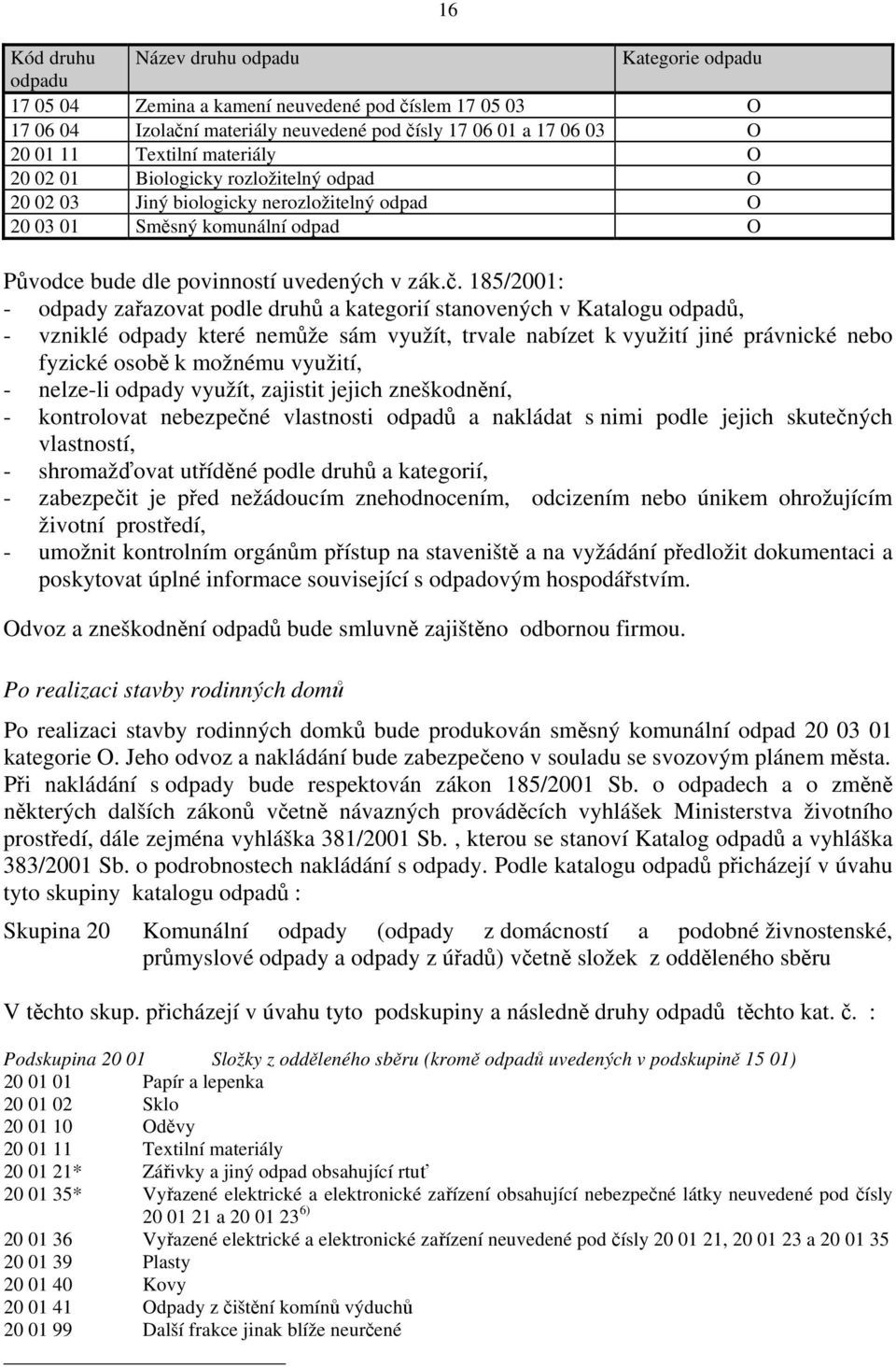 185/2001: - odpady zařazovat podle druhů a kategorií stanovených v Katalogu odpadů, - vzniklé odpady které nemůže sám využít, trvale nabízet k využití jiné právnické nebo fyzické osobě k možnému