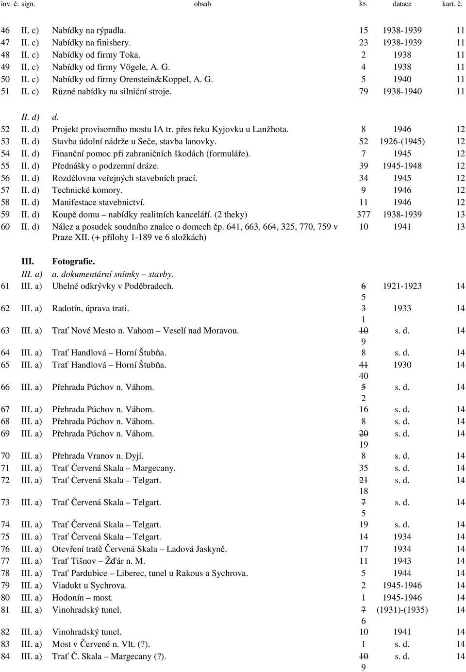 d) Projekt provisorního mostu IA tr. přes řeku Kyjovku u Lanžhota. 8 1946 12 53 II. d) Stavba údolní nádrže u Seče, stavba lanovky. 52 1926-(1945) 12 54 II.