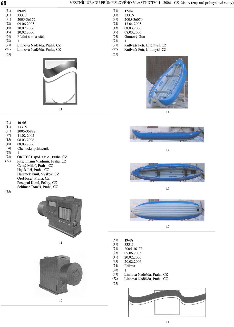 03.2006 08.03.2006 Gumový člun Kutlvašr Petr, Litomyšl, CZ Kutlvašr Petr, Litomyšl, CZ 0-05 3335 2005-35892.02.2005 08.03.2006 08.03.2006 Chemický průkazník ORITEST spol.