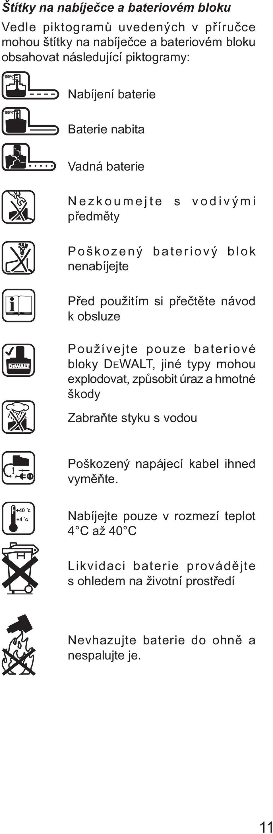 Používejte pouze bateriové bloky DEWALT, jiné typy mohou explodovat, způsobit úraz a hmotné škody Zabraňte styku s vodou Poškozený napájecí kabel ihned