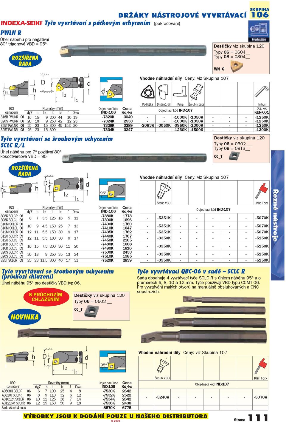 5 30 7328K 3289 S25T PWLNR 08 25 23 15 300 7334K 3247 Tyče vyvrtávací se šroubovým uchycením SCLC R/L Úhel náběhu pro 7 pozitivní 80 kosočtvercové VBD = 95 Podložka Distanč.