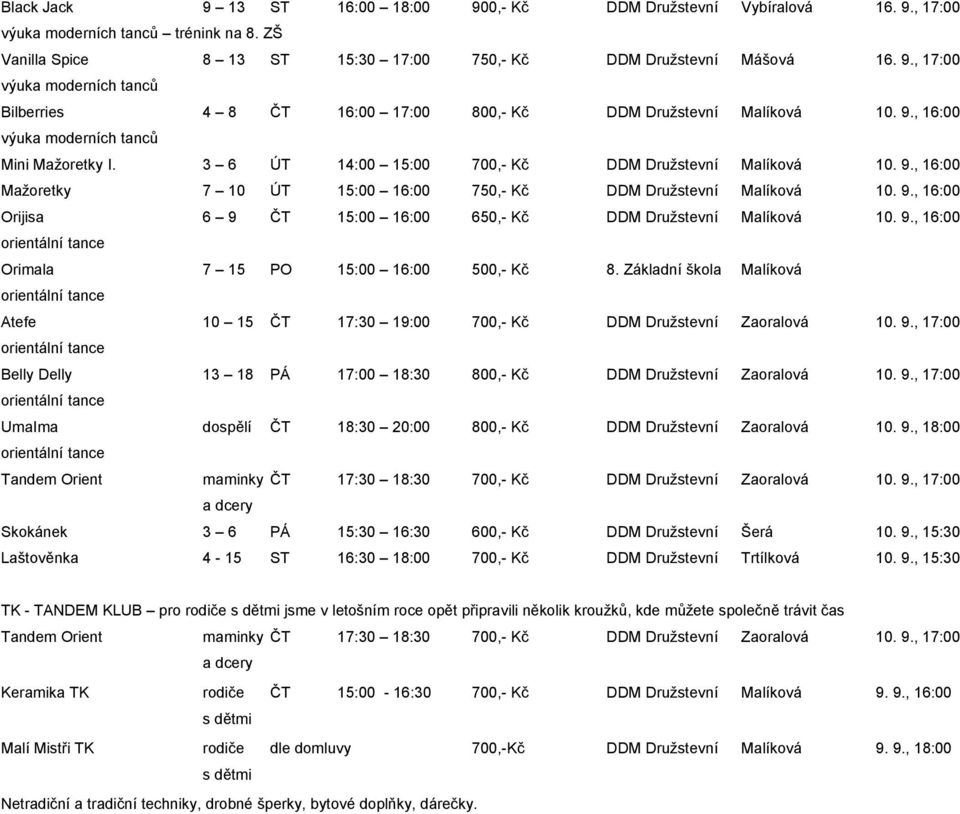 9., 16:00 orientální tance Orimala 7 15 PO 15:00 16:00 500,- Kč 8. Základní škola Malíková orientální tance Atefe 10 15 ČT 17:30 19:00 700,- Kč DDM Družstevní Zaoralová 10. 9.