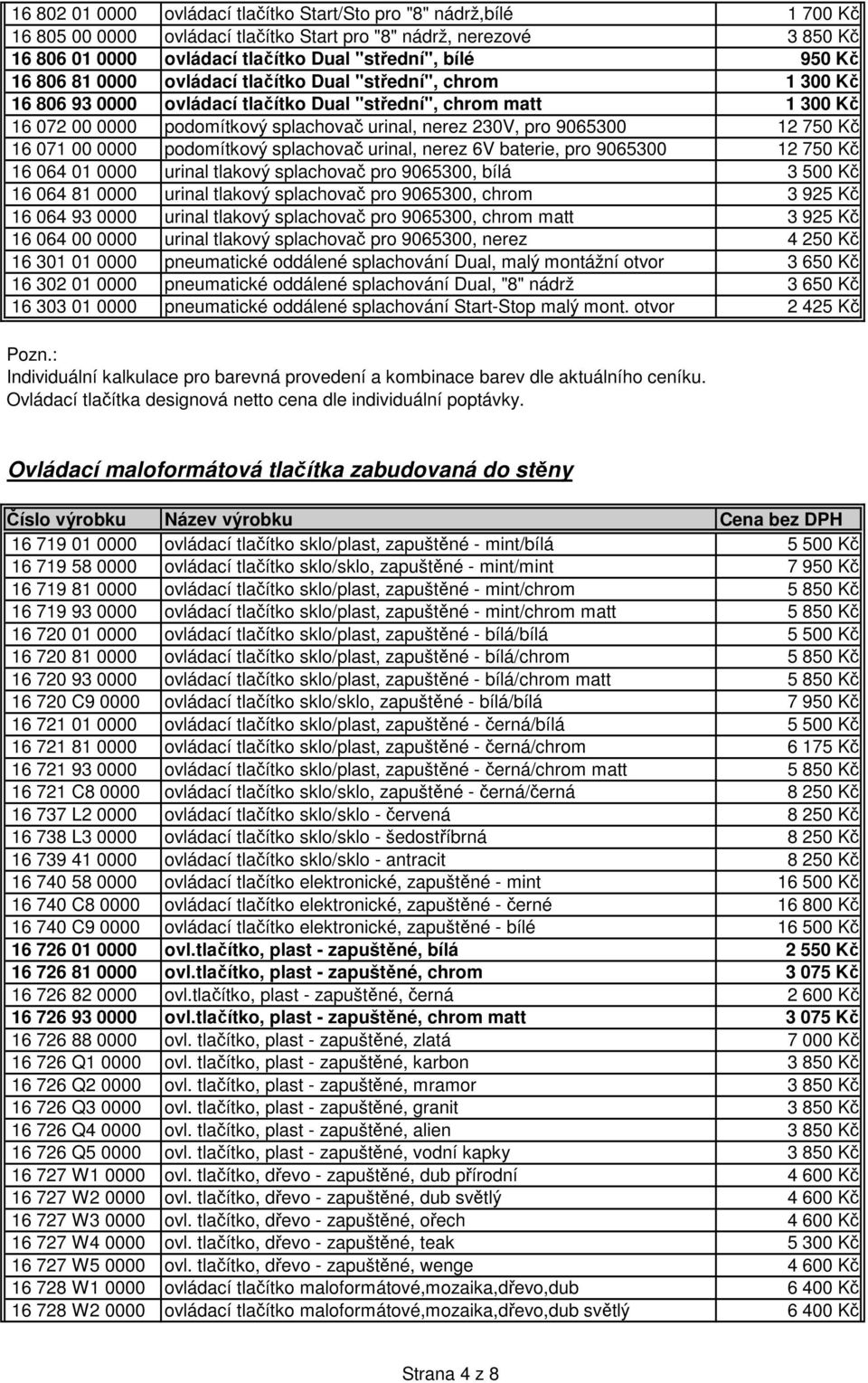 pro 9065300 12 750 Kč 16 071 00 0000 podomítkový splachovač urinal, nerez 6V baterie, pro 9065300 12 750 Kč 16 064 01 0000 urinal tlakový splachovač pro 9065300, bílá 3 500 Kč 16 064 81 0000 urinal