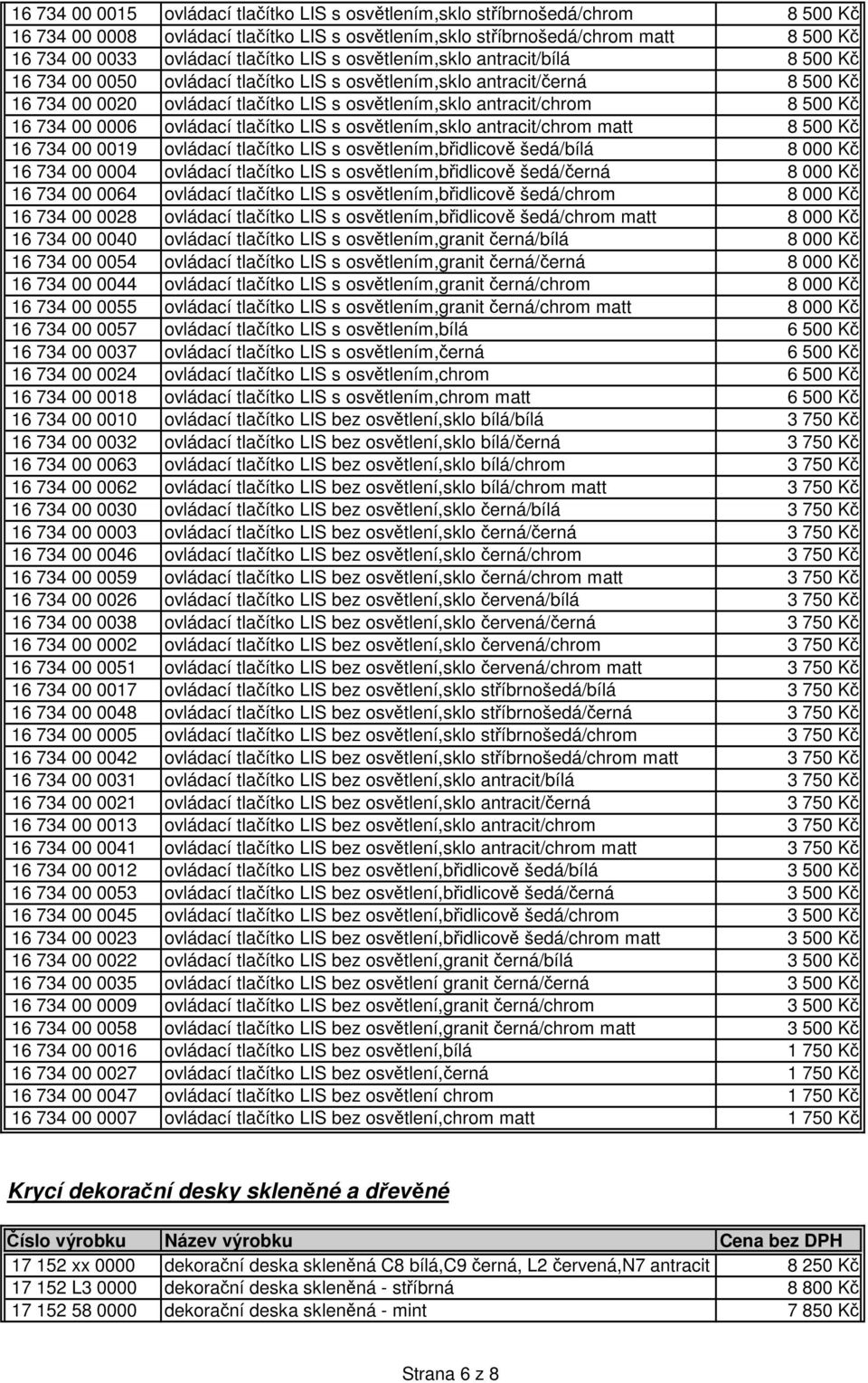 antracit/chrom 8 500 Kč 16 734 00 0006 ovládací tlačítko LIS s osvětlením,sklo antracit/chrom matt 8 500 Kč 16 734 00 0019 ovládací tlačítko LIS s osvětlením,břidlicově šedá/bílá 8 000 Kč 16 734 00