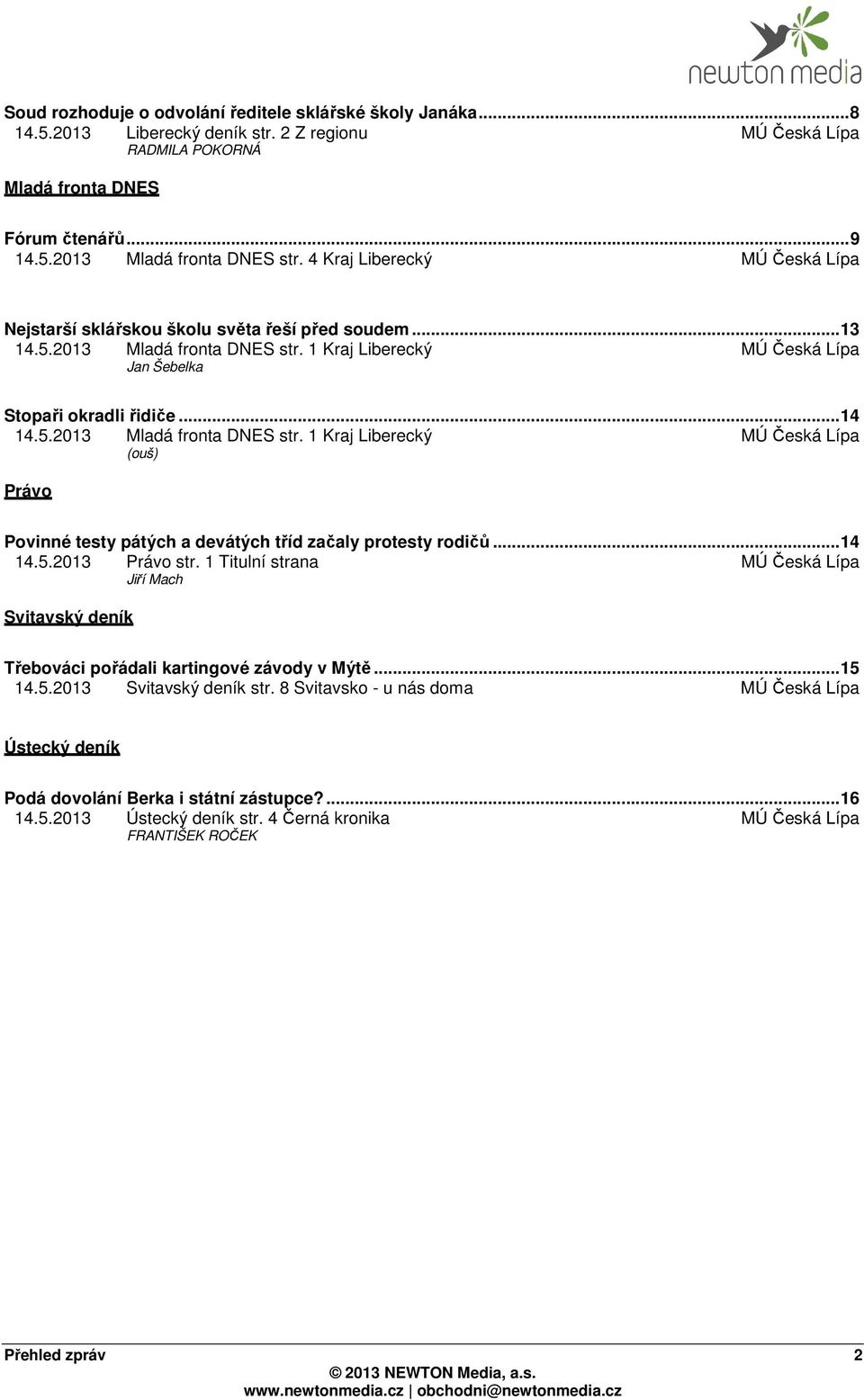 1 Kraj Liberecký MÚ Česká Lípa Jan Šebelka Stopaři okradli řidiče... 14 14.5.2013 Mladá fronta DNES str.