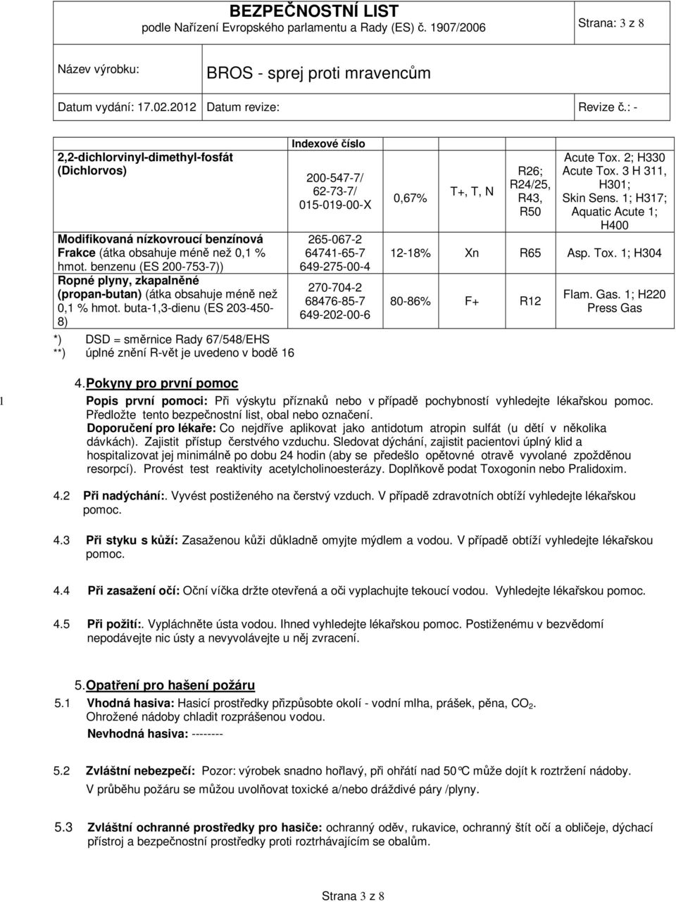 buta-1,3-dienu (ES 203-450- 8) *) DSD = směrnice Rady 67/548/EHS **) úplné znění R-vět je uvedeno v bodě 16 Indexové číslo 200-547-7/ 62-73-7/ 015-019-00-X 265-067-2 64741-65-7 649-275-00-4 270-704-2