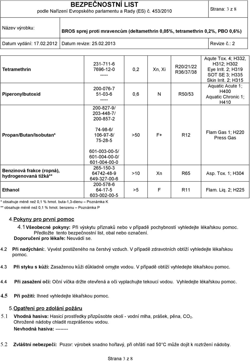 2; H315 Aquatic Acute 1; H400 Aquatic Chronic 1; H410 Propan/Butan/Isobutan* 74-98-6/ 106-97-8/ 75-28-5 >50 F+ R12 Flam Gas 1; H220 Press Gas Benzinová frakce (ropná), hydrogenovaná tìžká** Ethanol