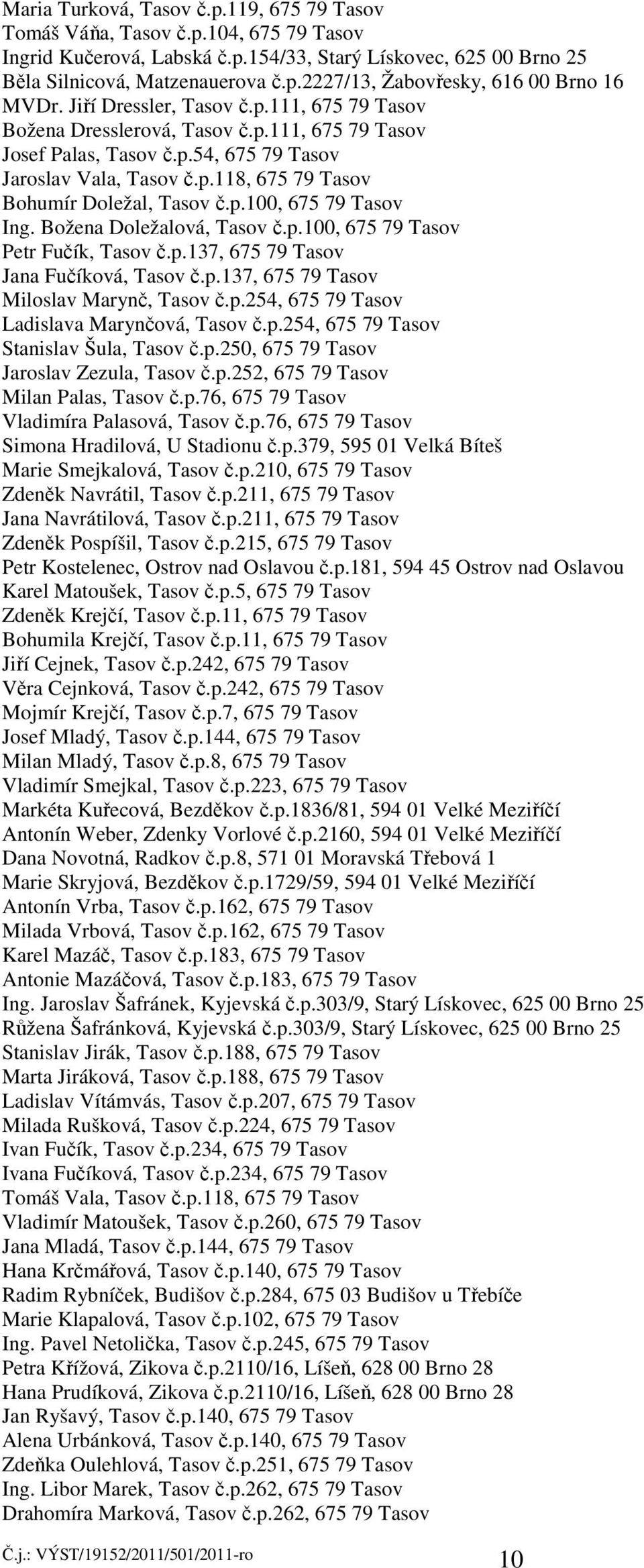 p.100, 675 79 Tasov Ing. Božena Doležalová, Tasov č.p.100, 675 79 Tasov Petr Fučík, Tasov č.p.137, 675 79 Tasov Jana Fučíková, Tasov č.p.137, 675 79 Tasov Miloslav Marynč, Tasov č.p.254, 675 79 Tasov Ladislava Marynčová, Tasov č.