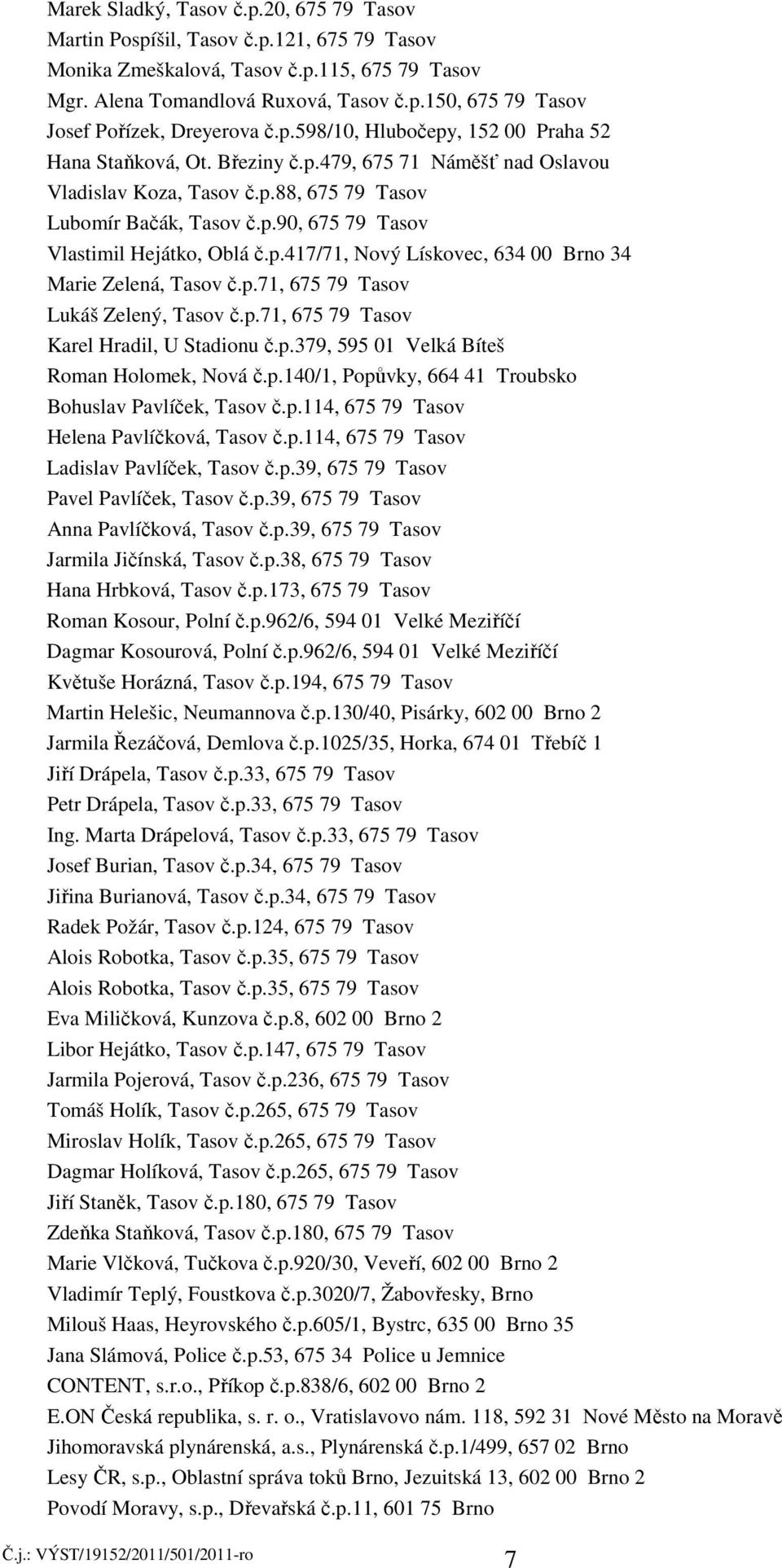 p.417/71, Nový Lískovec, 634 00 Brno 34 Marie Zelená, Tasov č.p.71, 675 79 Tasov Lukáš Zelený, Tasov č.p.71, 675 79 Tasov Karel Hradil, U Stadionu č.p.379, 595 01 Velká Bíteš Roman Holomek, Nová č.p.140/1, Popůvky, 664 41 Troubsko Bohuslav Pavlíček, Tasov č.