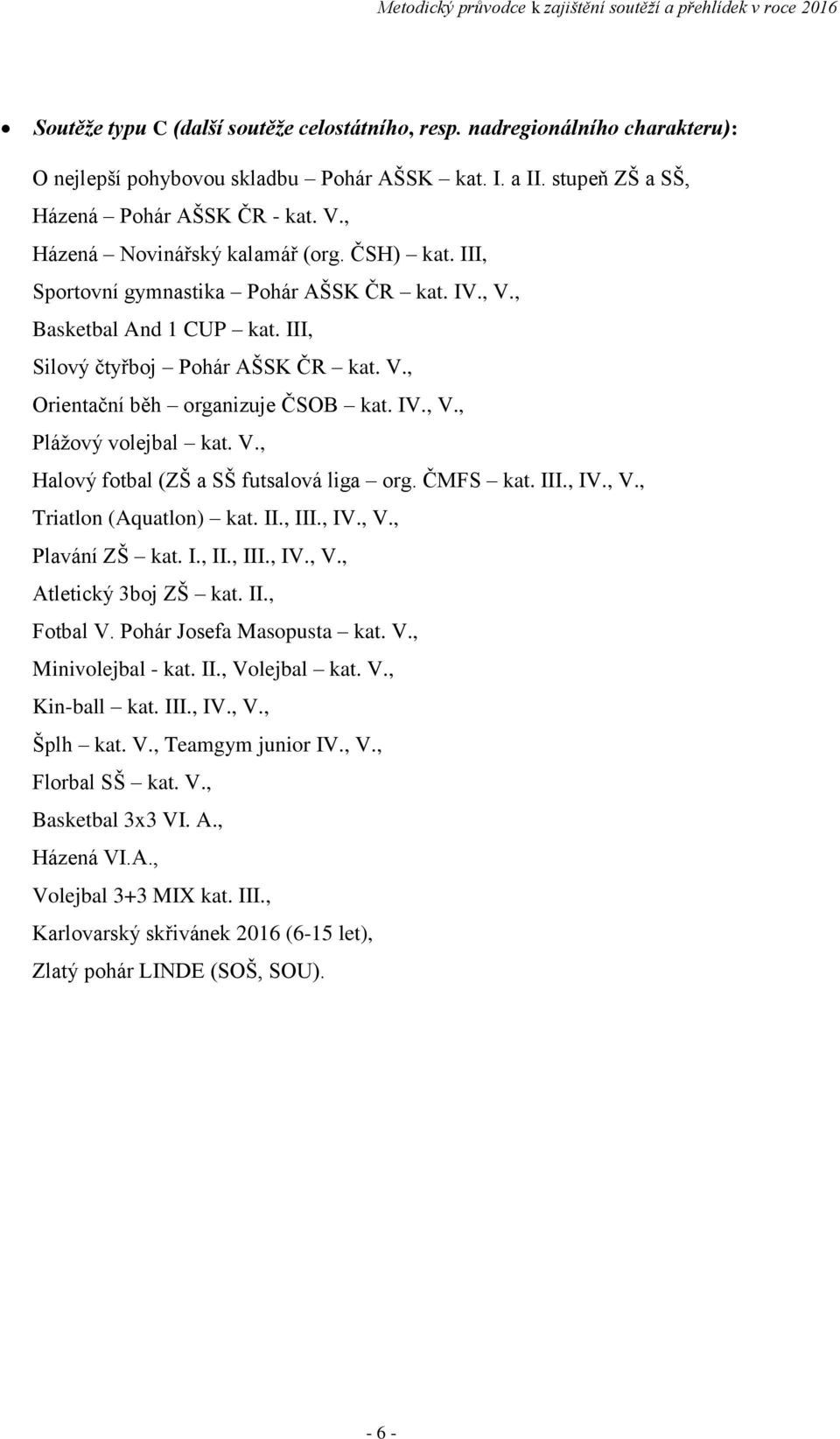 IV., V., Plážový volejbal kat. V., Halový fotbal (ZŠ a SŠ futsalová liga org. ČMFS kat. III., IV., V., Triatlon (Aquatlon) kat. II., III., IV., V., Plavání ZŠ kat. I., II., III., IV., V., Atletický 3boj ZŠ kat.