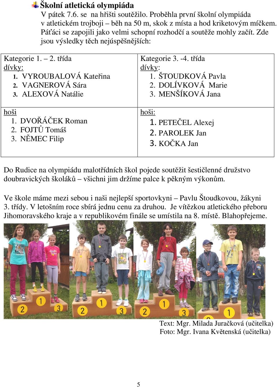 ALEXOVÁ Natálie hoši 1. DVOŘÁČEK Roman 2. FOJTŮ Tomáš 3. NĚMEC Filip Kategorie 3. -4. třída dívky: 1. ŠTOUDKOVÁ Pavla 2. DOLÍVKOVÁ Marie 3. MENŠÍKOVÁ Jana hoši: 1. PETEČEL Alexej 2. PAROLEK Jan 3.