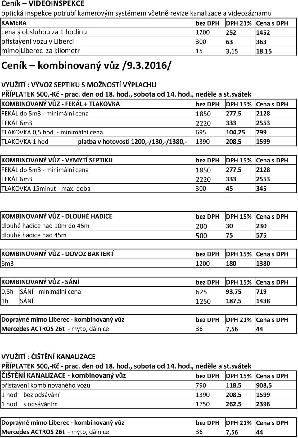 svátek KOMBINOVANÝ VŮZ - FEKÁL + TLAKOVKA bez DPH DPH 15% Cena s DPH FEKÁL do 5m3 - minimální cena 1850 277,5 2128 FEKÁL 6m3 2220 333 2553 TLAKOVKA 0,5 hod.