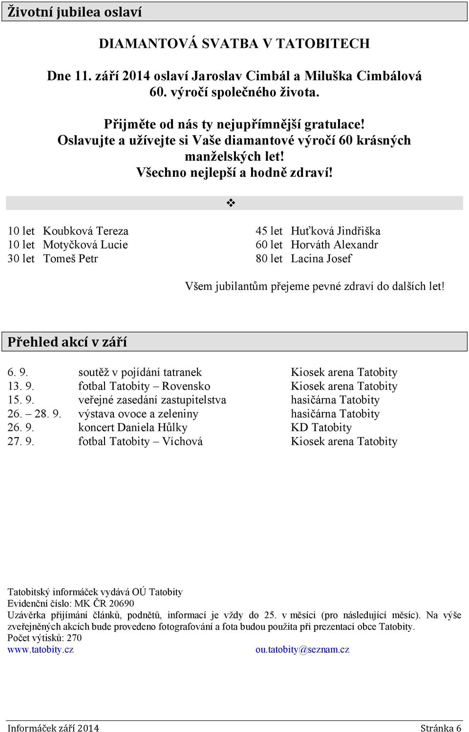 10 let Koubková Tereza 45 let Huťková Jindřiška 10 let Motyčková Lucie 60 let Horváth Alexandr 30 let Tomeš Petr 80 let Lacina Josef Všem jubilantům přejeme pevné zdraví do dalších let!