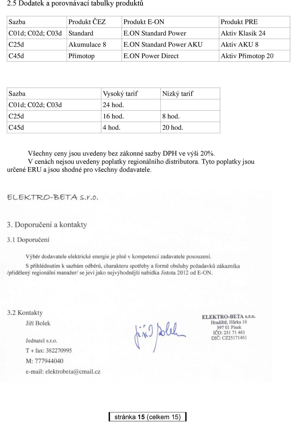 ON Power Direct Aktiv Přímotop 20 Sazba Vysoký tarif Nízký tarif C01d; C02d; C03d 24 hod. C25d 16 hod. 8 hod. C45d 4 hod. 20 hod.