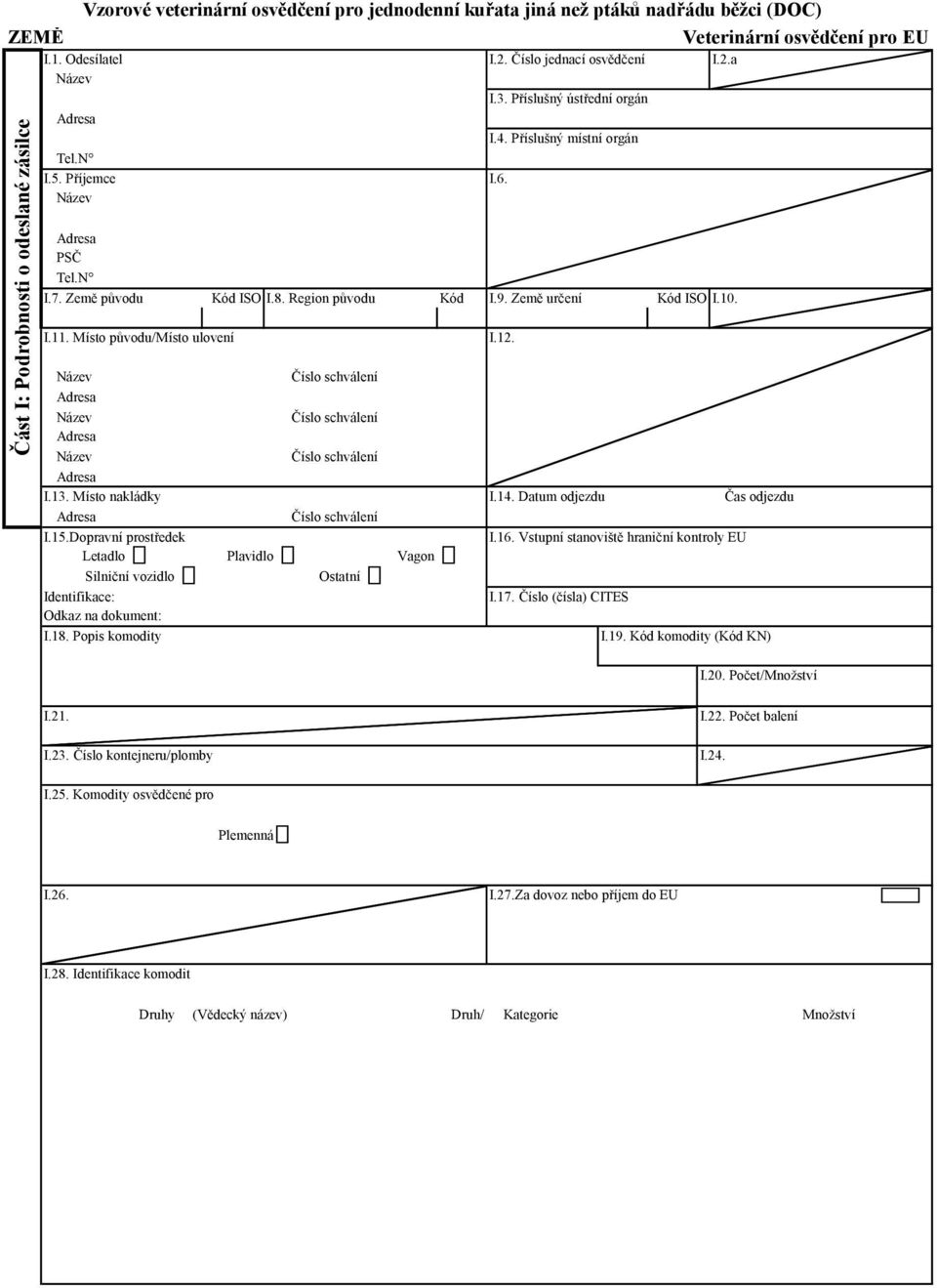 Místo původu/místo ulovení Název Číslo schválení Název Číslo schválení Název Číslo schválení I.13. Místo nakládky I.14. Datum odjezdu Čas odjezdu Číslo schválení I.15.Dopravní prostředek I.16.