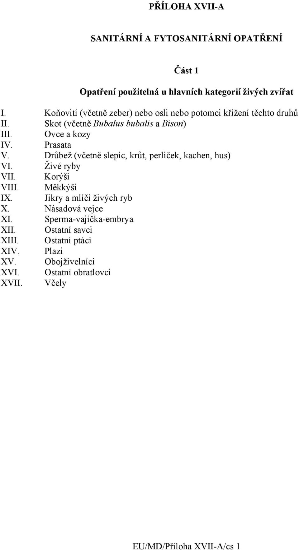 Prasata V. Drůbež (včetně slepic, krůt, perliček, kachen, hus) VI. Živé ryby VII. Korýši VIII. Měkkýši IX. Jikry a mlíčí živých ryb X.