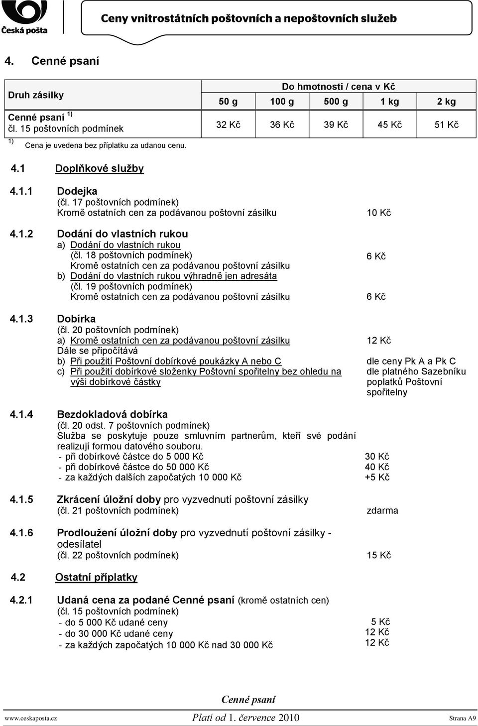 18 poštovních podmínek) Kromě ostatních cen za podávanou poštovní zásilku b) Dodání do vlastních rukou výhradně jen adresáta (čl.