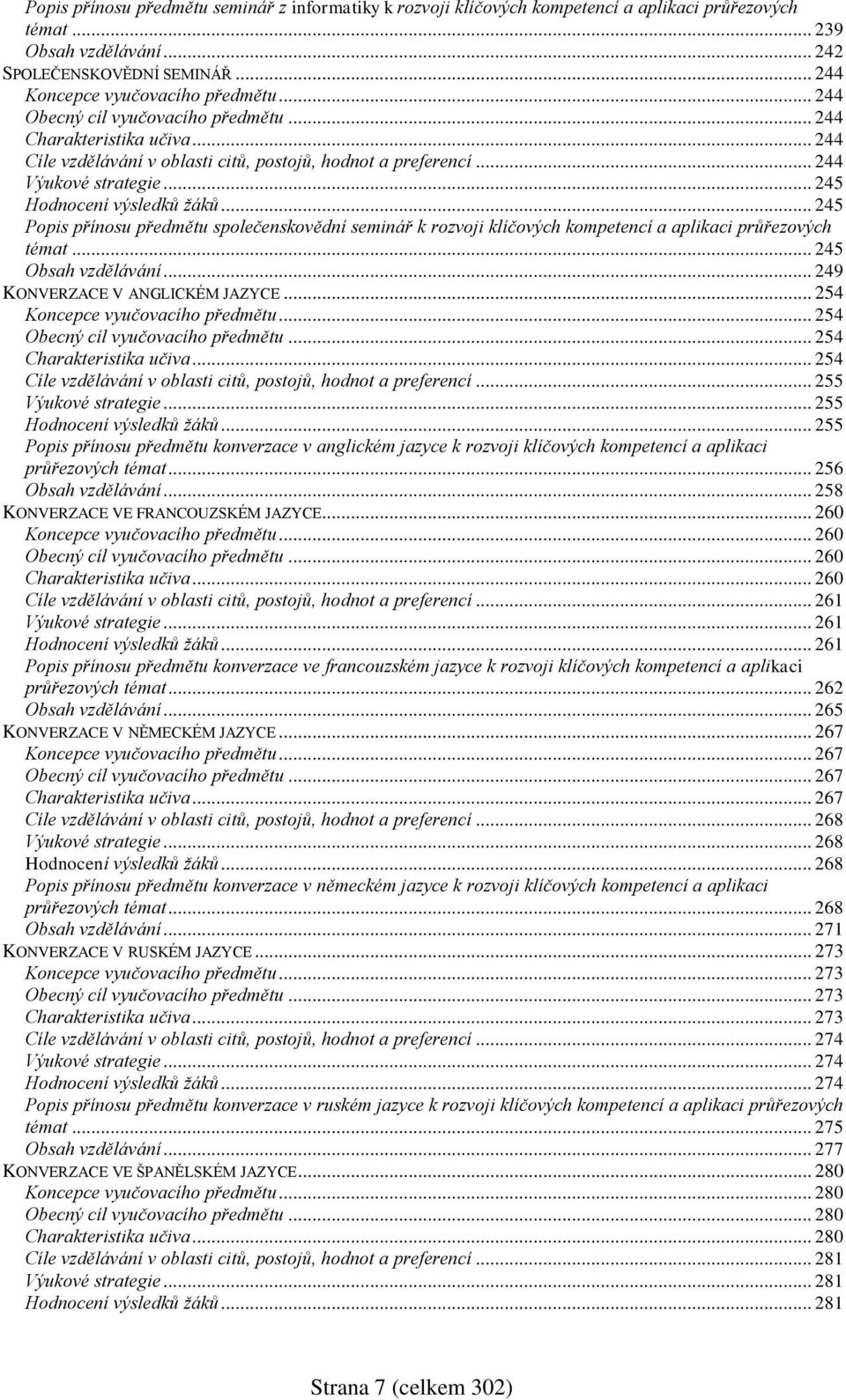 .. 245 Popis přínosu předmětu společenskovědní seminář k rozvoji klíčových kompetencí a aplikaci průřezových témat... 245 Obsah vzdělávání... 249 KONVERZACE V ANGLICKÉM JAZYCE.