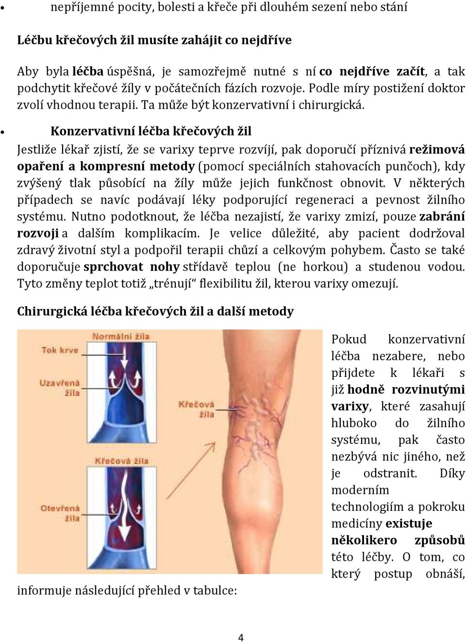 Konzervativní léčba křečových žil Jestliže lékař zjistí, že se varixy teprve rozvíjí, pak doporučí příznivá režimová opaření a kompresní metody (pomocí speciálních stahovacích punčoch), kdy zvýšený