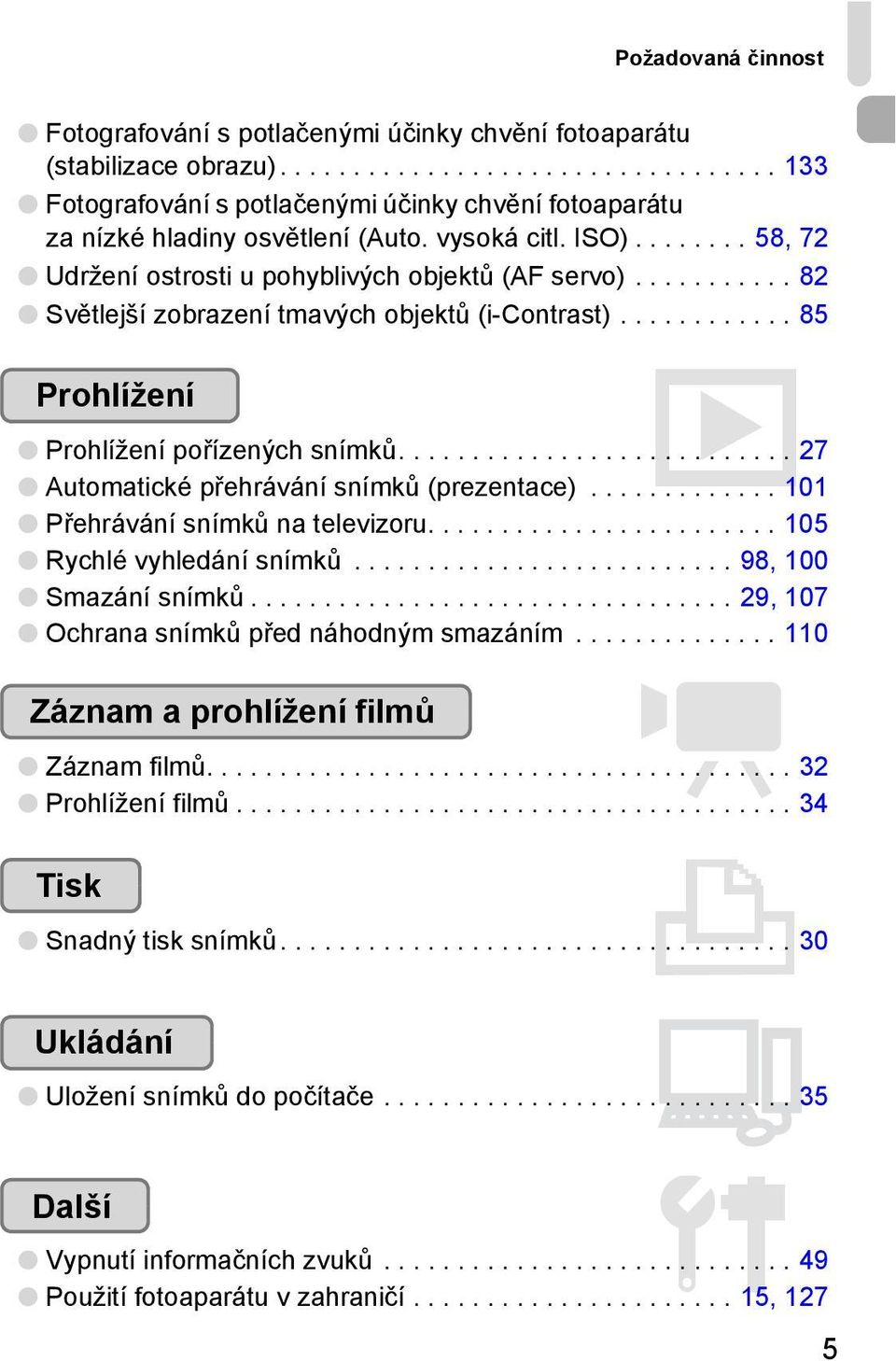 .......................... 27 Automatické přehrávání snímků (prezentace)............. 101 Přehrávání snímků na televizoru........................ 105 Rychlé vyhledání snímků.......................... 98, 100 Smazání snímků.