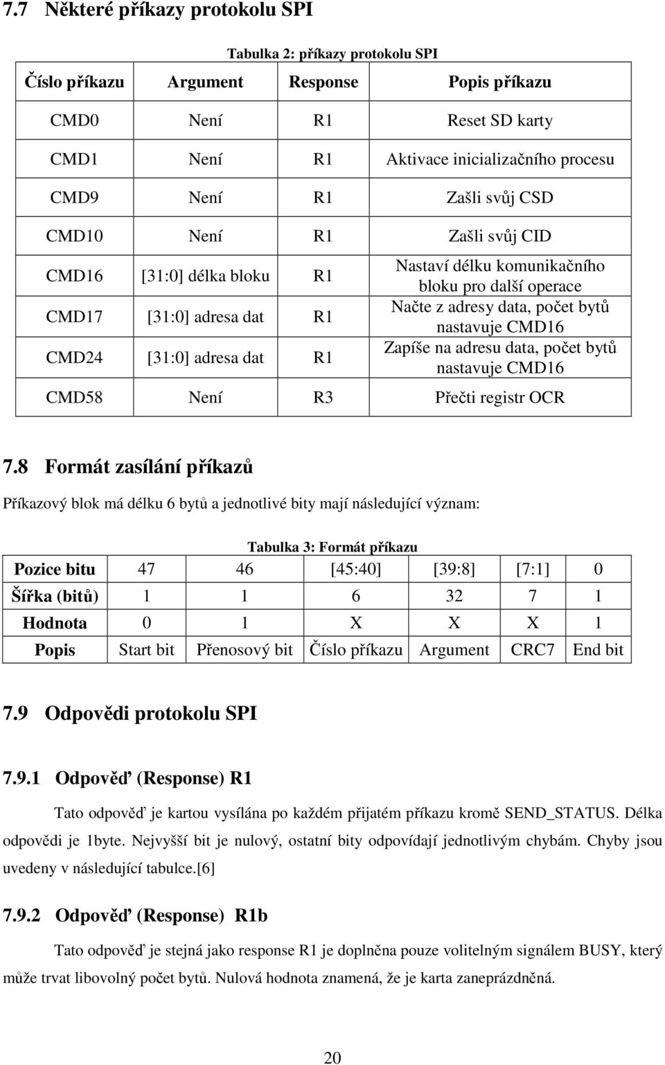počet bytů nastavuje CMD16 Zapíše na adresu data, počet bytů nastavuje CMD16 CMD58 Není R3 Přečti registr OCR 7.
