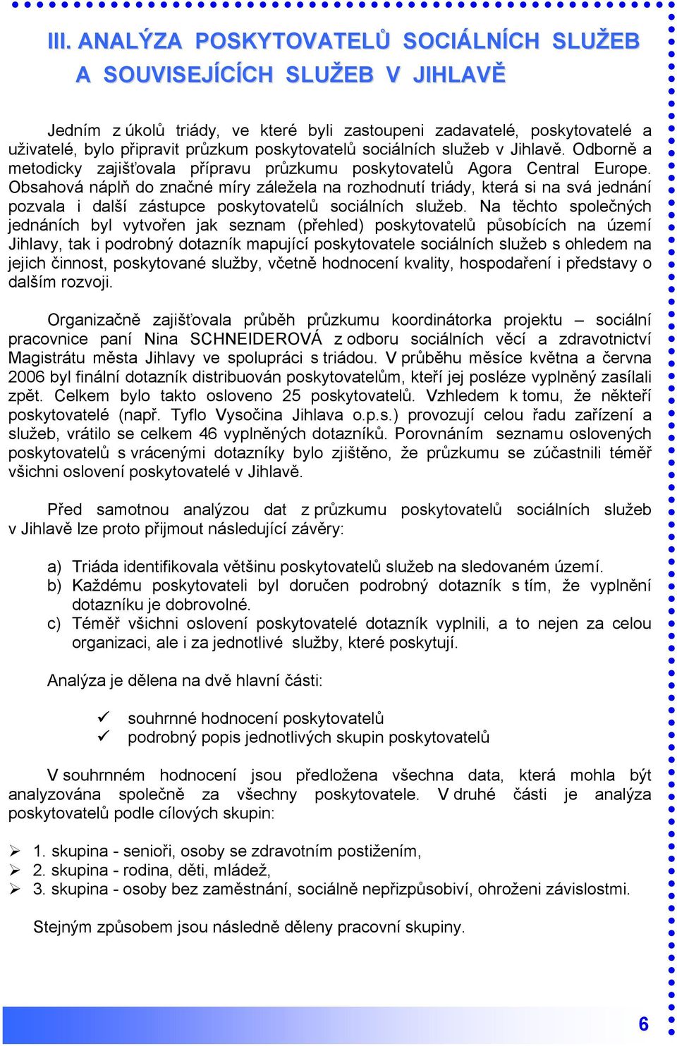 Obsahová náplň do značné míry záležela na rozhodnutí triády, která si na svá jednání pozvala i další zástupce poskytovatelů sociálních služeb.