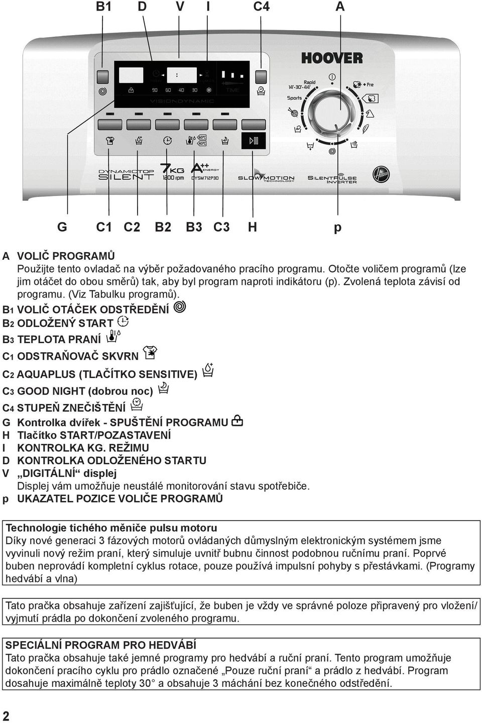 B1 VOLIČ OTÁČEK ODSTŘEDĚNÍ B2 ODLOŽENÝ START B3 TEPLOTA PRANÍ C1 ODSTRAŇOVAČ SKVRN C2 AQUAPLUS (TLAČÍTKO SENSITIVE) C3 GOOD NIGHT (dobrou noc) C4 STUPEŇ ZNEČIŠTĚNÍ G Kontrolka dvířek - SPUŠTĚNÍ
