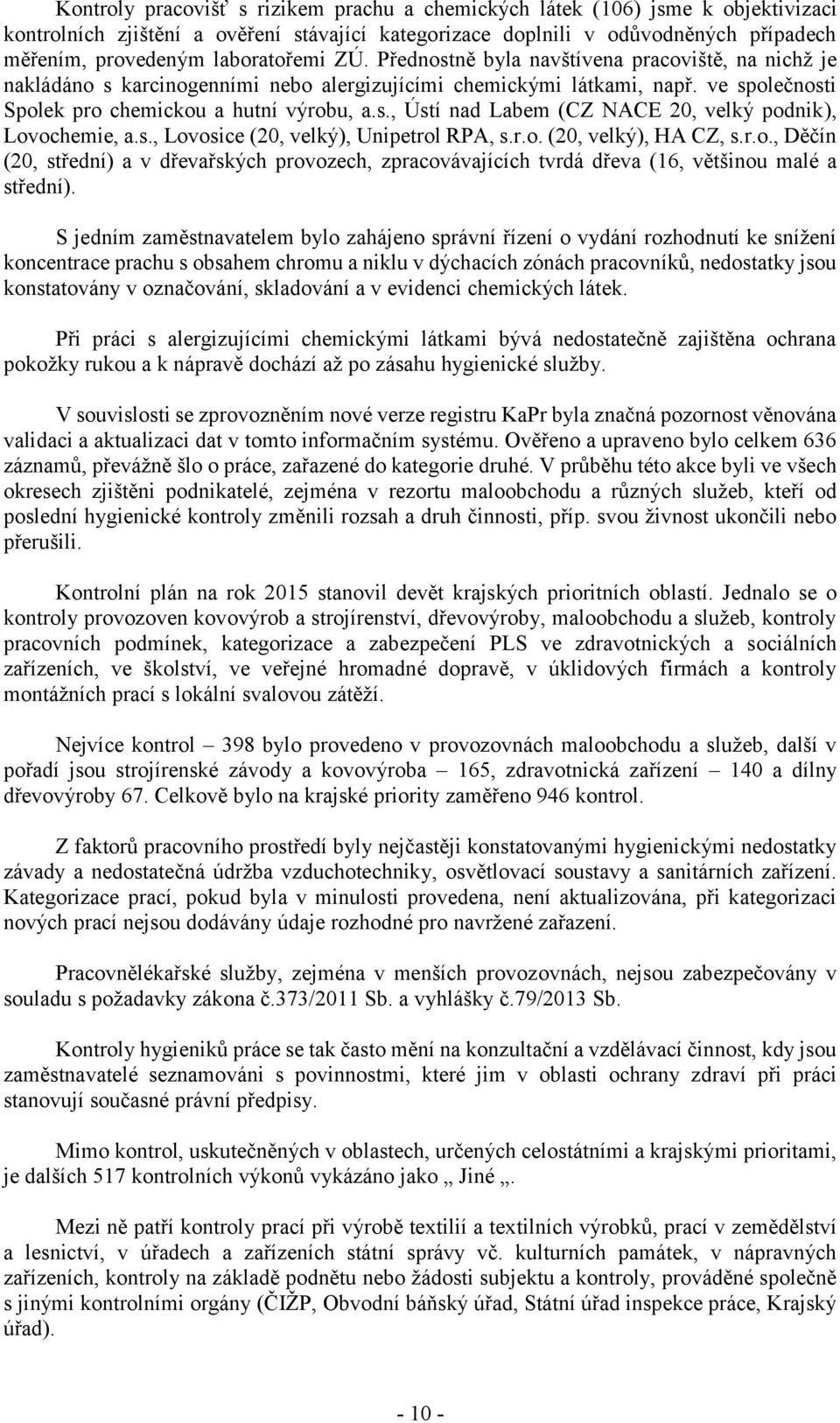 s., Lovosice (20, velký), Unipetrol RPA, s.r.o. (20, velký), HA CZ, s.r.o., Děčín (20, střední) a v dřevařských provozech, zpracovávajících tvrdá dřeva (16, většinou malé a střední).