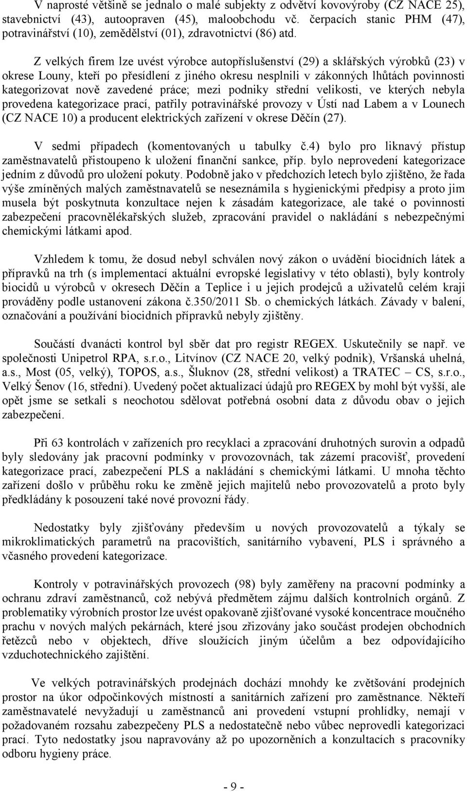 Z velkých firem lze uvést výrobce autopříslušenství (29) a sklářských výrobků (23) v okrese Louny, kteří po přesídlení z jiného okresu nesplnili v zákonných lhůtách povinnosti kategorizovat nově